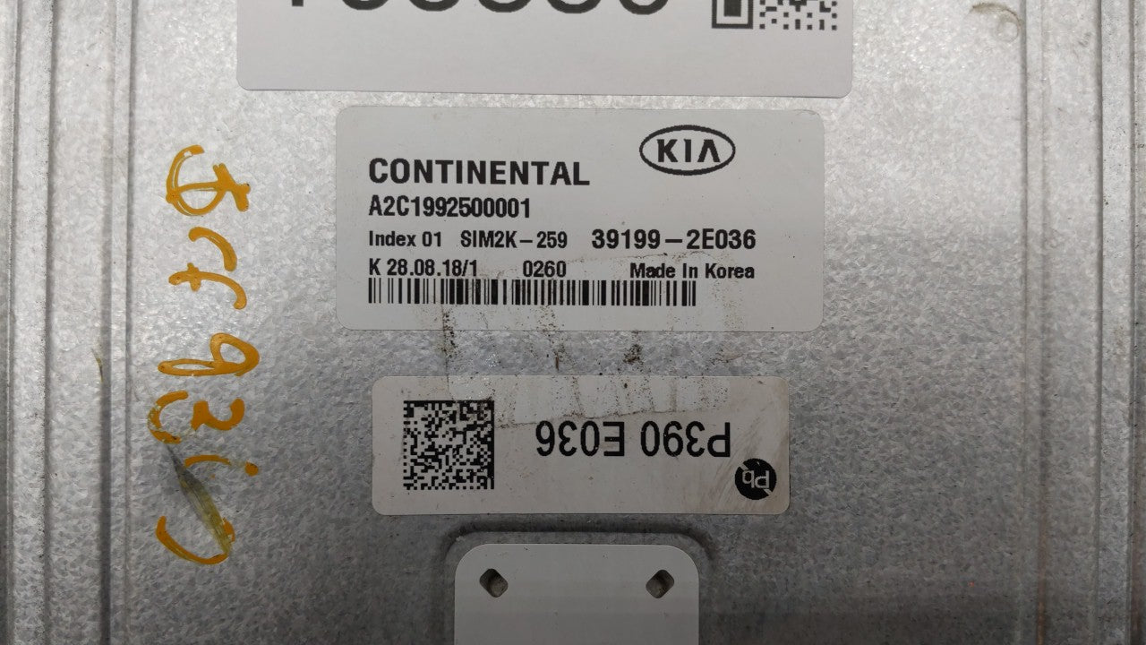 2019 Kia Forte PCM Engine Control Computer ECU ECM PCU OEM P/N:39199-2E036 Fits OEM Used Auto Parts - Oemusedautoparts1.com