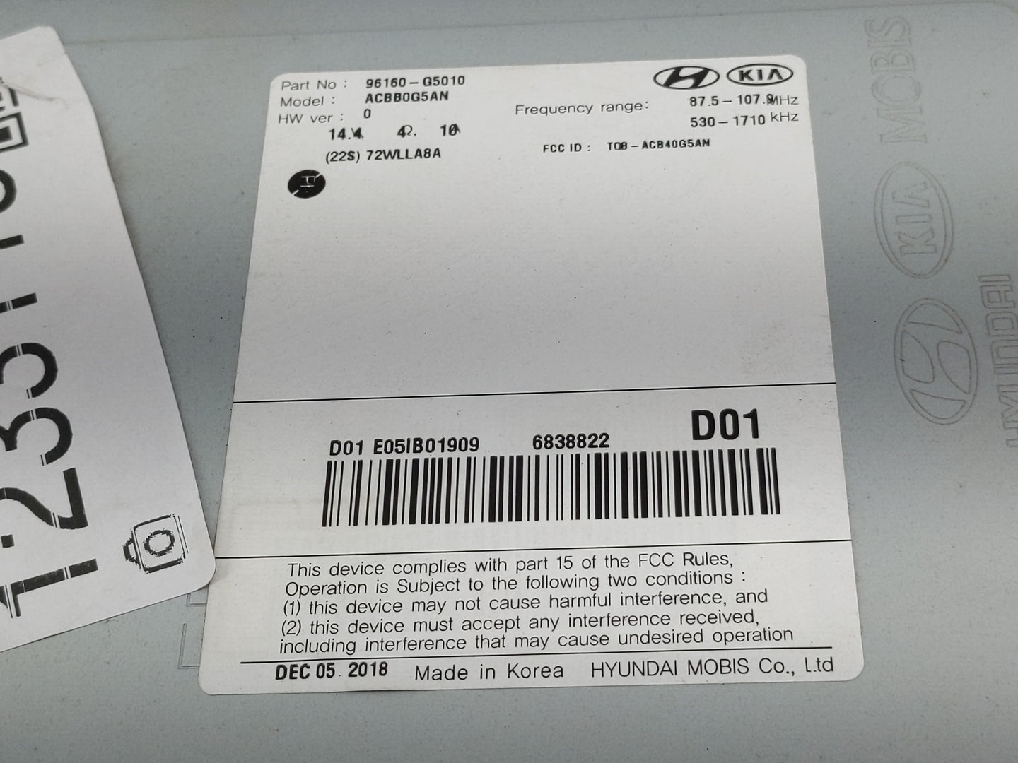 2019 Kia Niro Radio AM FM Cd Player Receiver Replacement P/N:96160-G5010 Fits OEM Used Auto Parts - Oemusedautoparts1.com