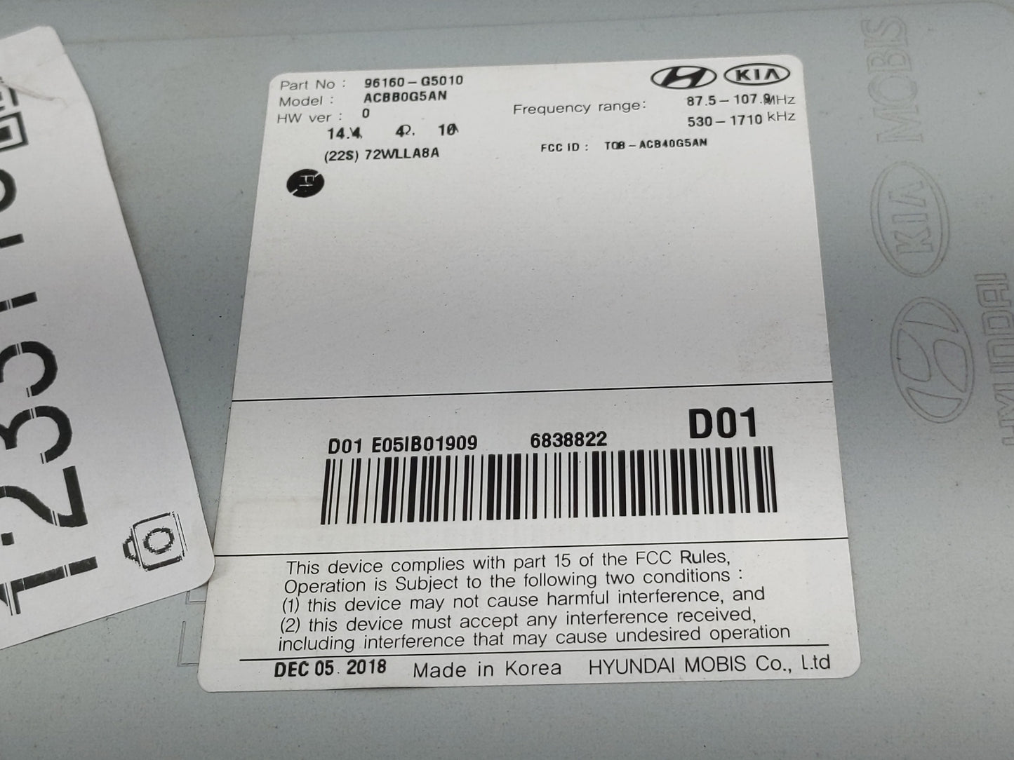 2019 Kia Niro Radio AM FM Cd Player Receiver Replacement P/N:96160-G5010 Fits OEM Used Auto Parts - Oemusedautoparts1.com