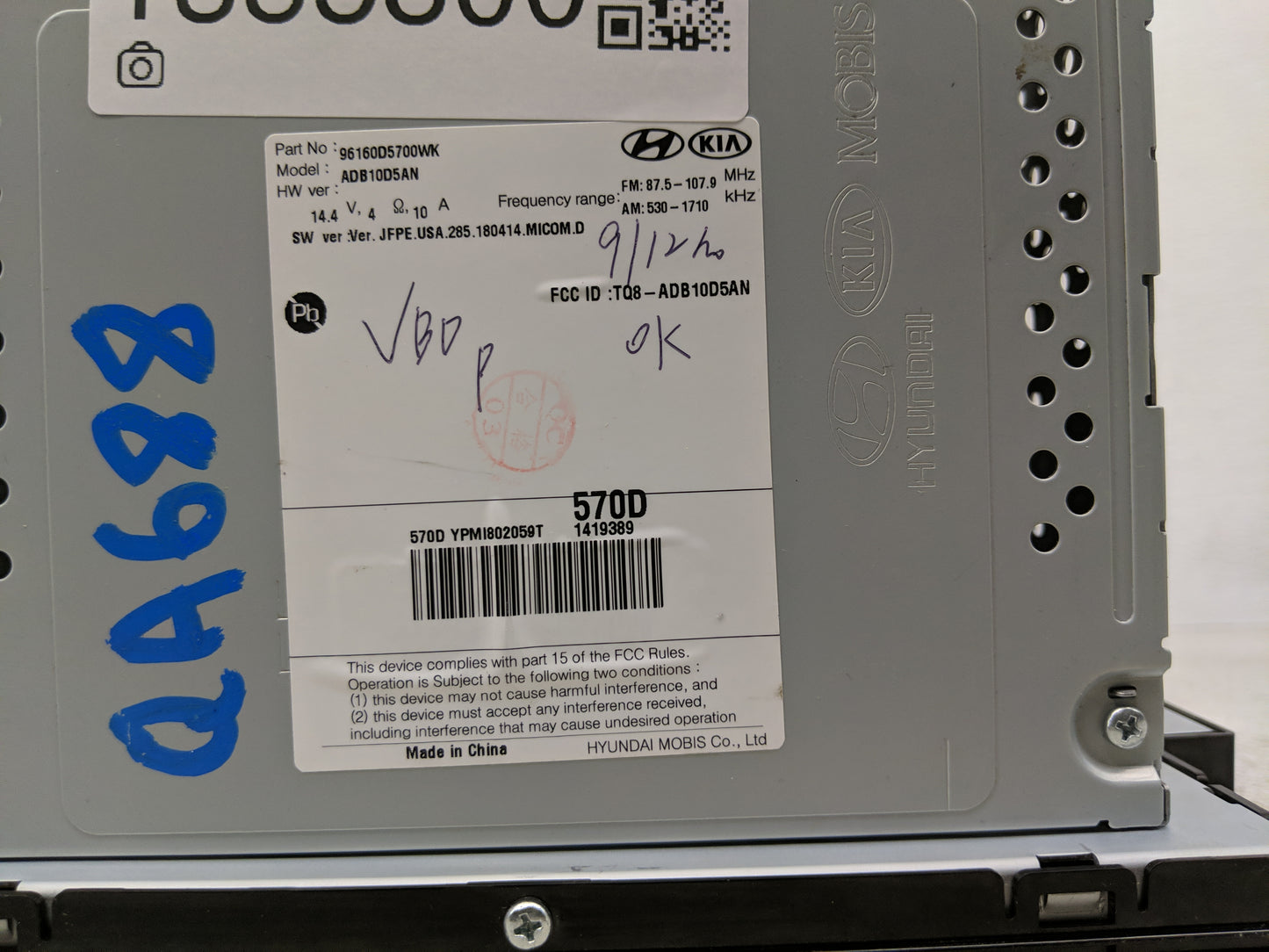 2019-2020 Kia Optima Radio AM FM Cd Player Receiver Replacement P/N:96160D5700WK Fits Fits 2019 2020 OEM Used Auto Parts - O