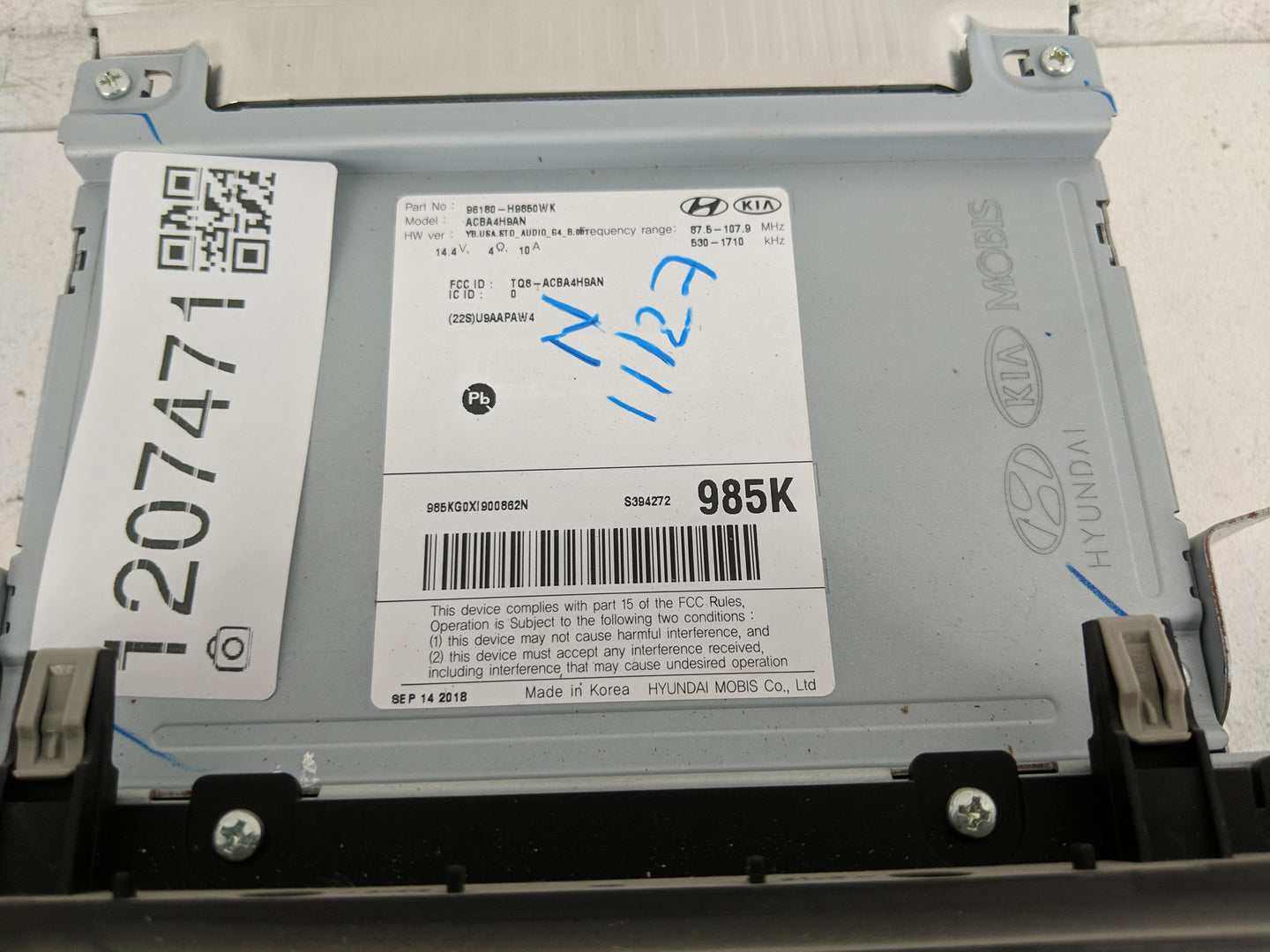 2018-2019 Kia Rio Radio AM FM Cd Player Receiver Replacement P/N:96180-H9850WK Fits Fits 2018 2019 OEM Used Auto Parts - Oem
