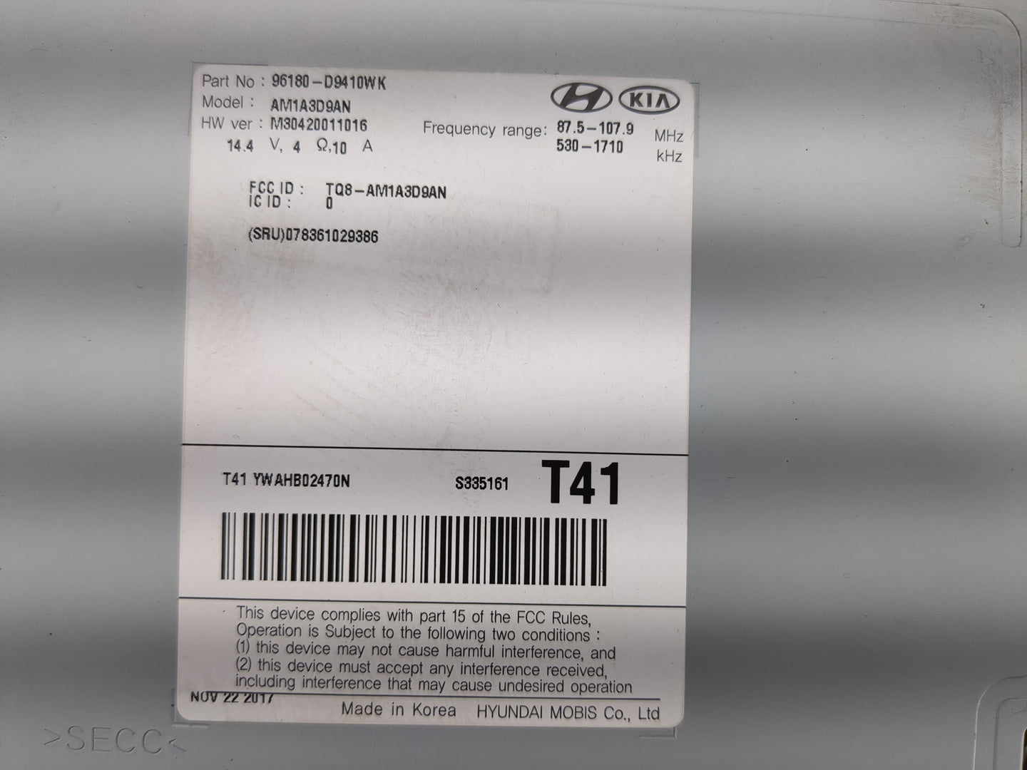 2017-2019 Kia Sportage Radio AM FM Cd Player Receiver Replacement P/N:96180-D9410WK Fits Fits 2017 2018 2019 OEM Used Auto P