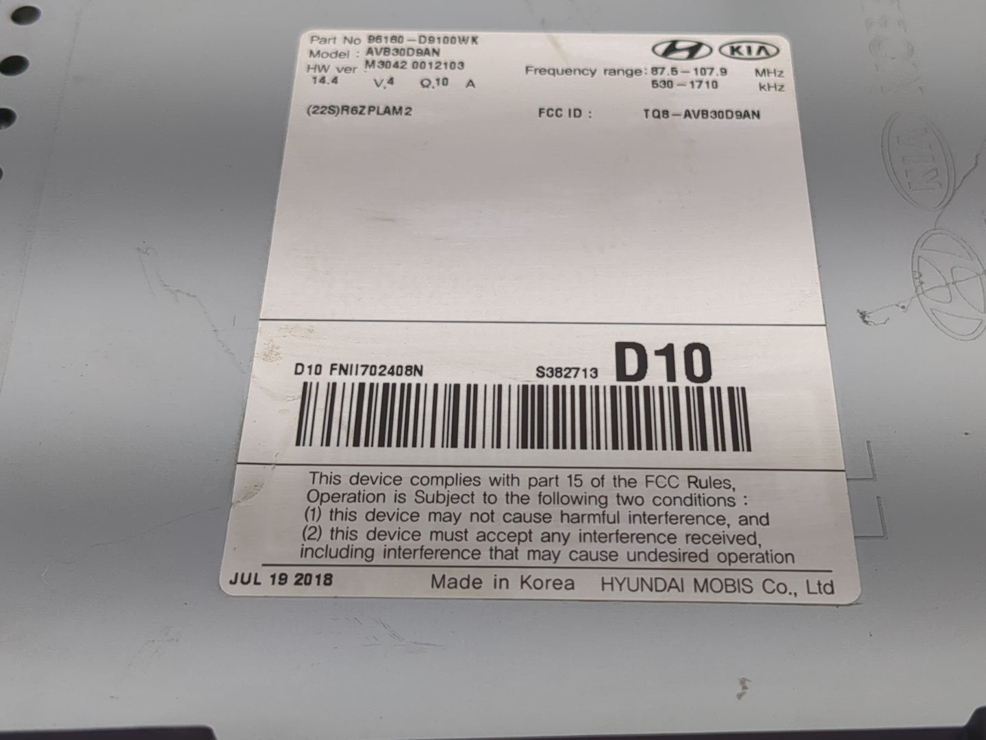 2018-2019 Kia Sportage Radio AM FM Cd Player Receiver Replacement P/N:96160-D9100WK Fits Fits 2018 2019 OEM Used Auto Parts 