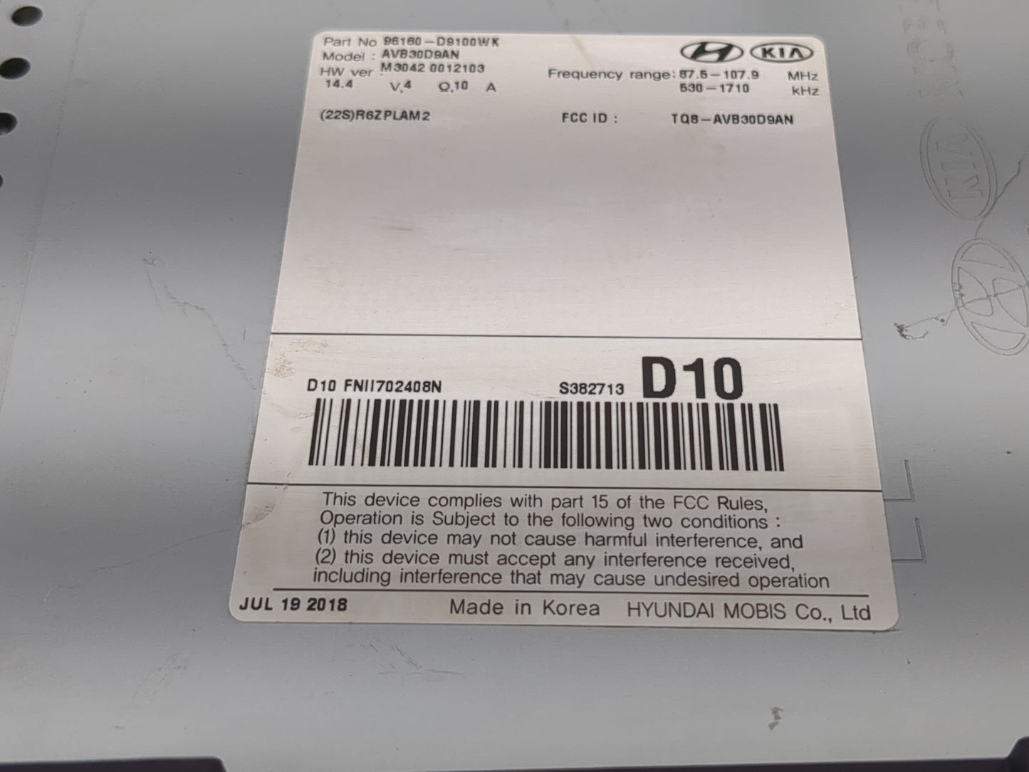 2018-2019 Kia Sportage Radio AM FM Cd Player Receiver Replacement P/N:96160-D9100WK Fits Fits 2018 2019 OEM Used Auto Parts 
