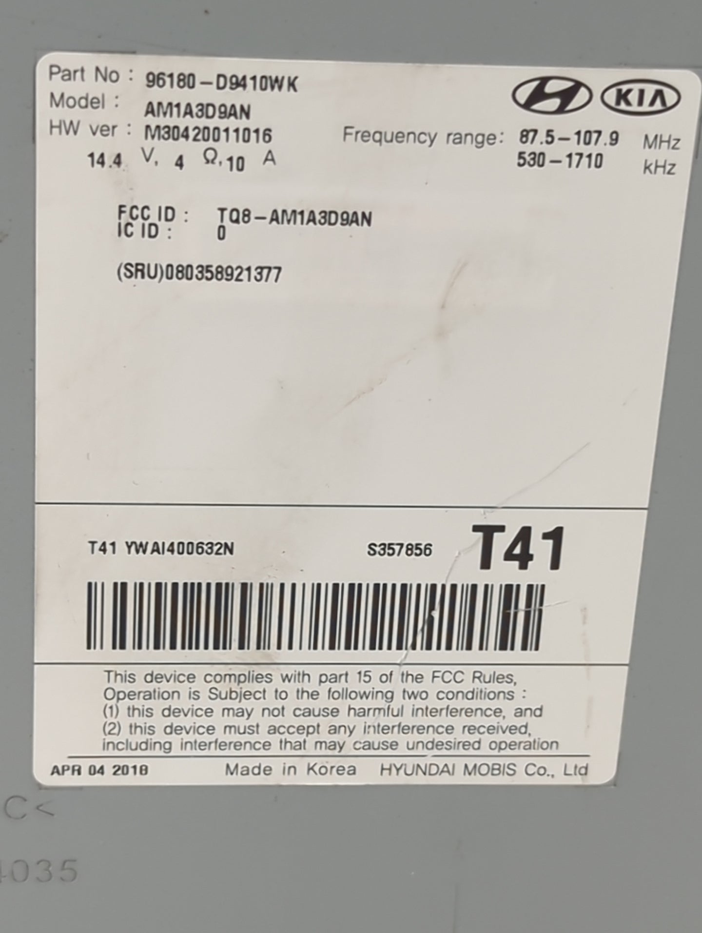 2017-2019 Kia Sportage Radio AM FM Cd Player Receiver Replacement P/N:96180-D9410WK AM1A3D9AN Fits Fits 2017 2018 2019 OEM U