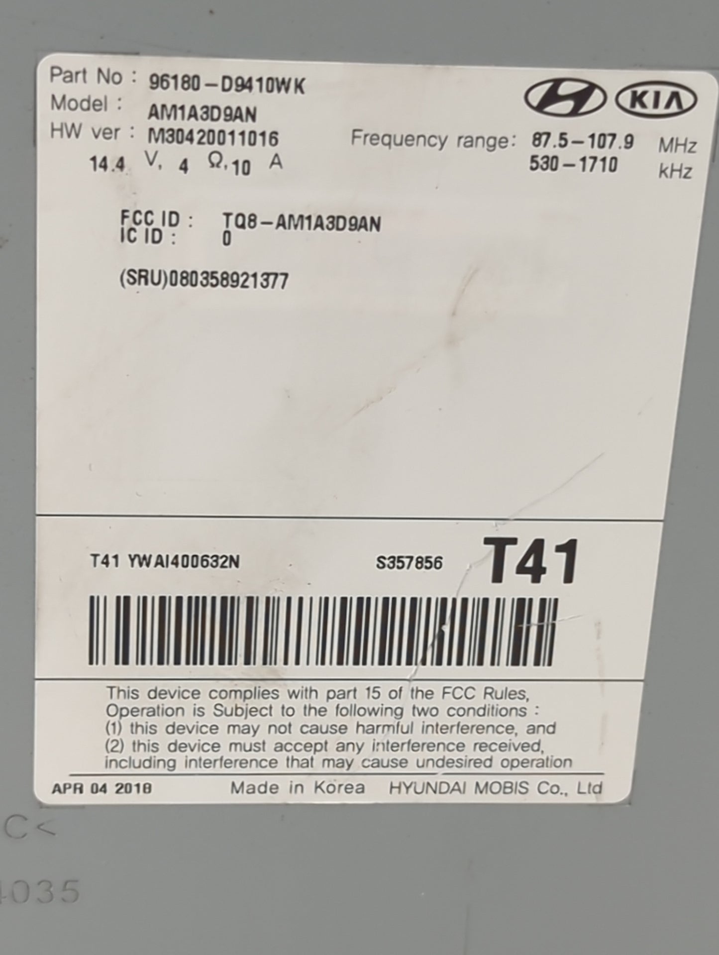 2017-2019 Kia Sportage Radio AM FM Cd Player Receiver Replacement P/N:96180-D9410WK AM1A3D9AN Fits Fits 2017 2018 2019 OEM U