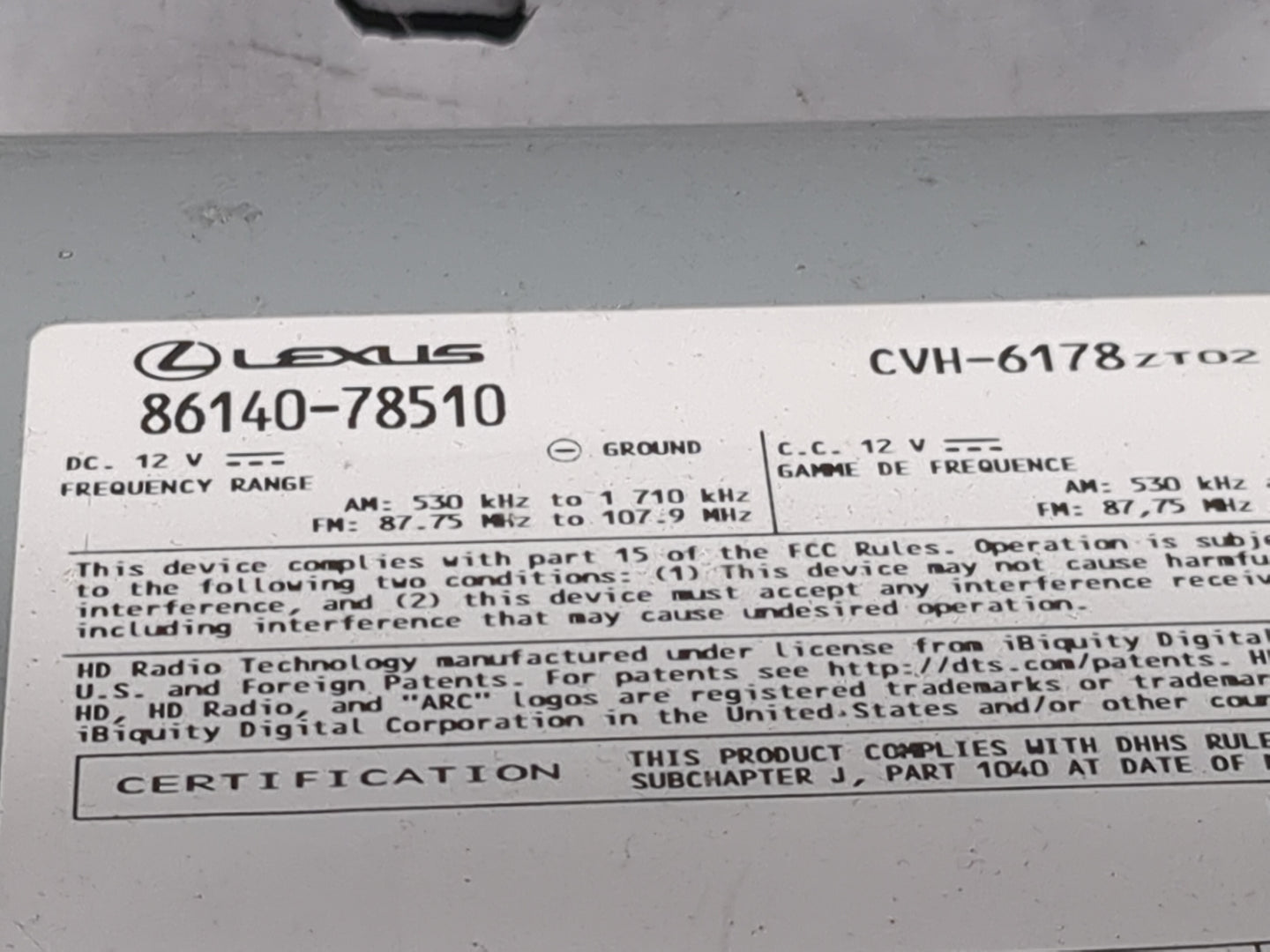2019 Lexus Nx300 Radio AM FM Cd Player Receiver Replacement P/N:86140-78510 CVH-6178 Fits OEM Used Auto Parts - Oemusedautop