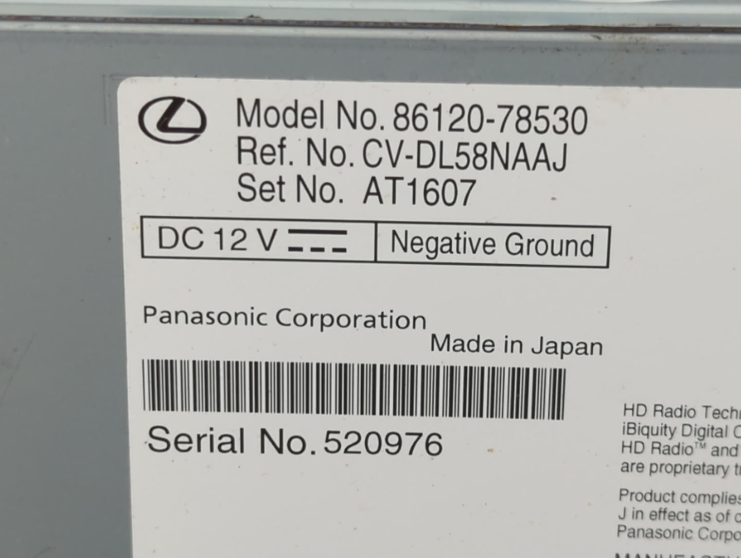 2019 Lexus Nx300h Radio AM FM Cd Player Receiver Replacement P/N:86120-78530 Fits OEM Used Auto Parts - Oemusedautoparts1.co