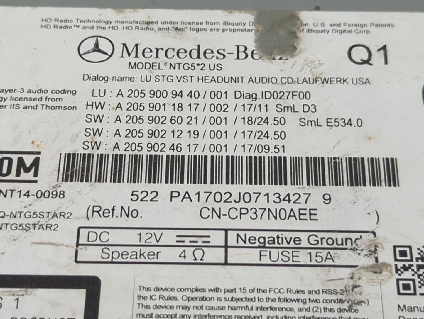 2018-2019 Mercedes-Benz Glc300 Radio AM FM Cd Player Receiver Replacement P/N:A2059009440 A2059011817 Fits Fits 2018 2019 OE