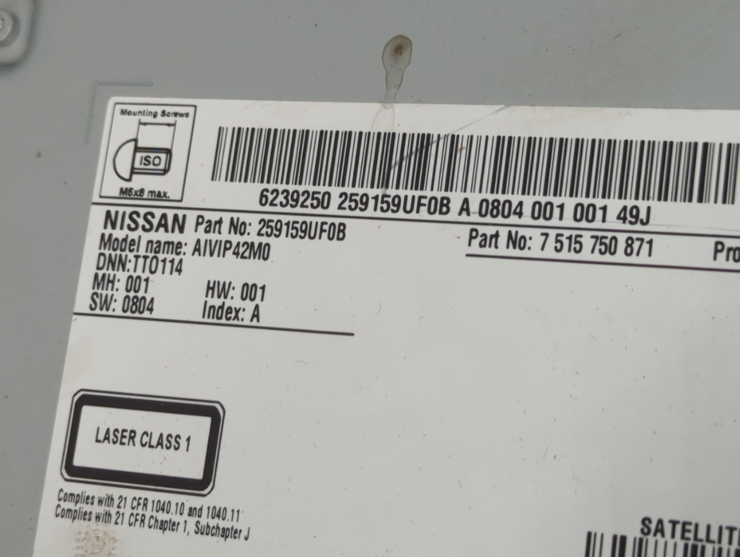 2019-2021 Nissan Murano Radio AM FM Cd Player Receiver Replacement P/N:7 515 750 871 259159UF0B Fits Fits 2019 2020 2021 OEM