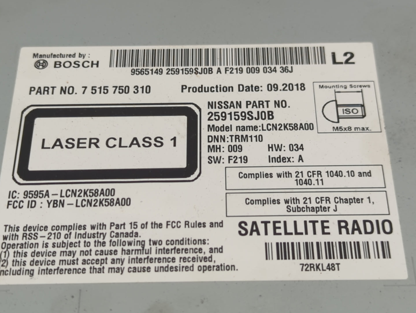 2018-2019 Nissan Nv200 Radio AM FM Cd Player Receiver Replacement P/N:259159SJ0B 7 515 750 Fits Fits 2018 2019 OEM Used Auto