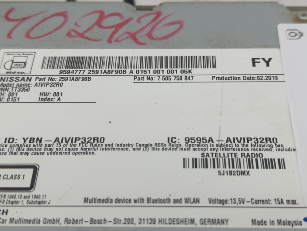 2019 Nissan Qashqai Radio AM FM Cd Player Receiver Replacement P/N:2591A8F90B 7 505 750 Fits 2018 2020 OEM Used Auto Parts -