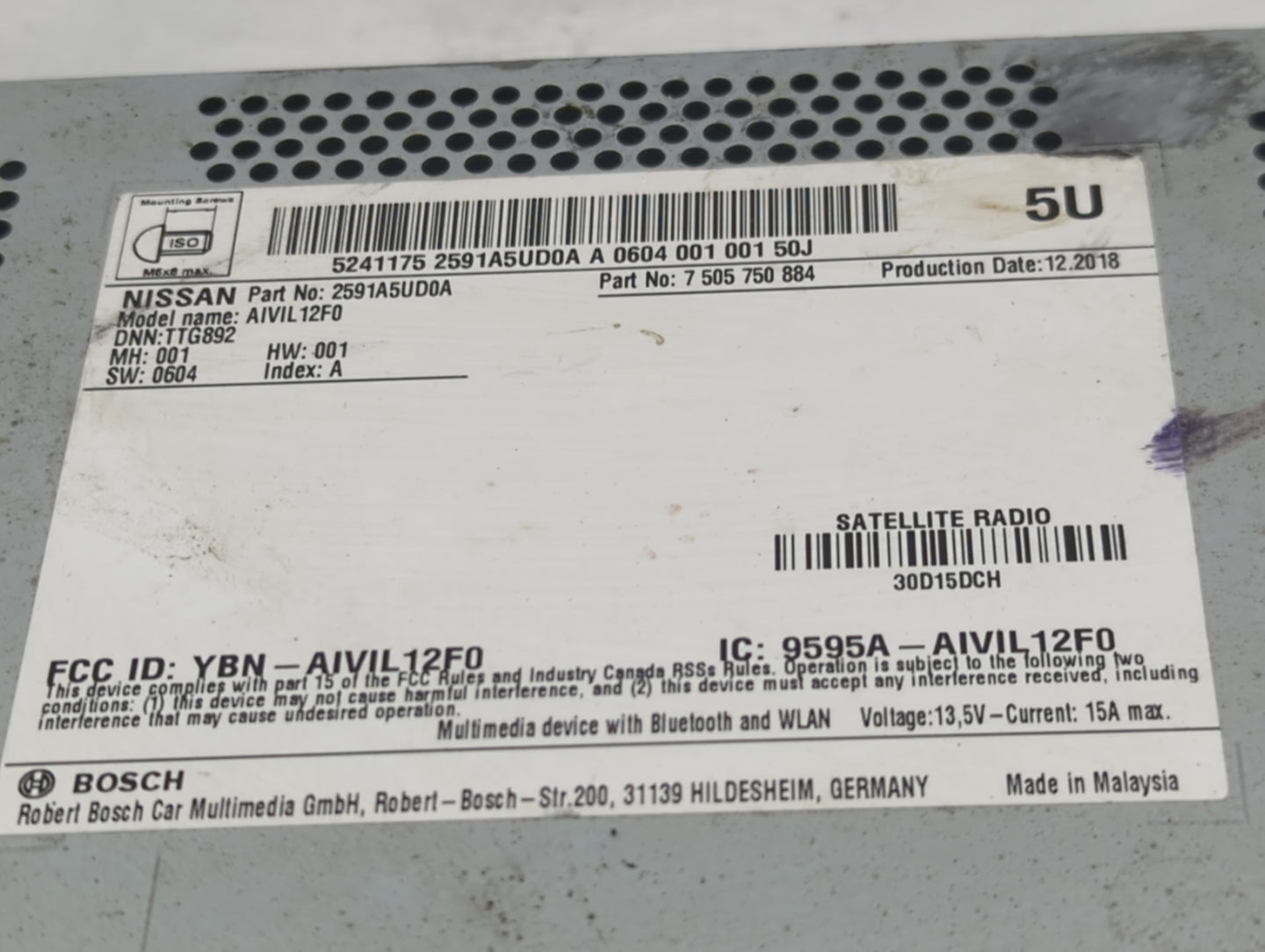 2018-2019 Nissan Sentra Radio AM FM Cd Player Receiver Replacement P/N:7 505 750 884 2591A5UD0A Fits Fits 2018 2019 OEM Used