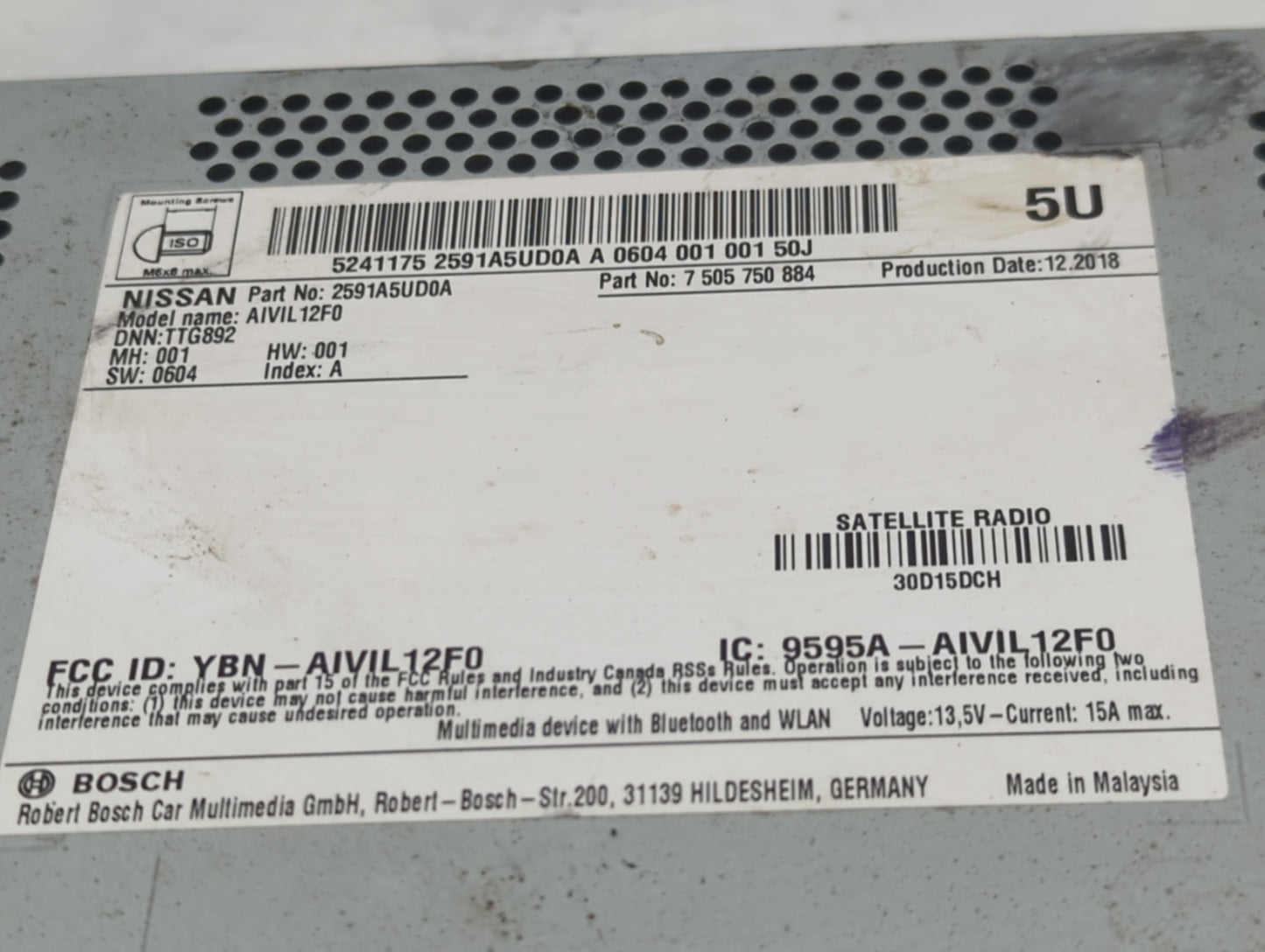 2018-2019 Nissan Sentra Radio AM FM Cd Player Receiver Replacement P/N:7 505 750 884 2591A5UD0A Fits Fits 2018 2019 OEM Used