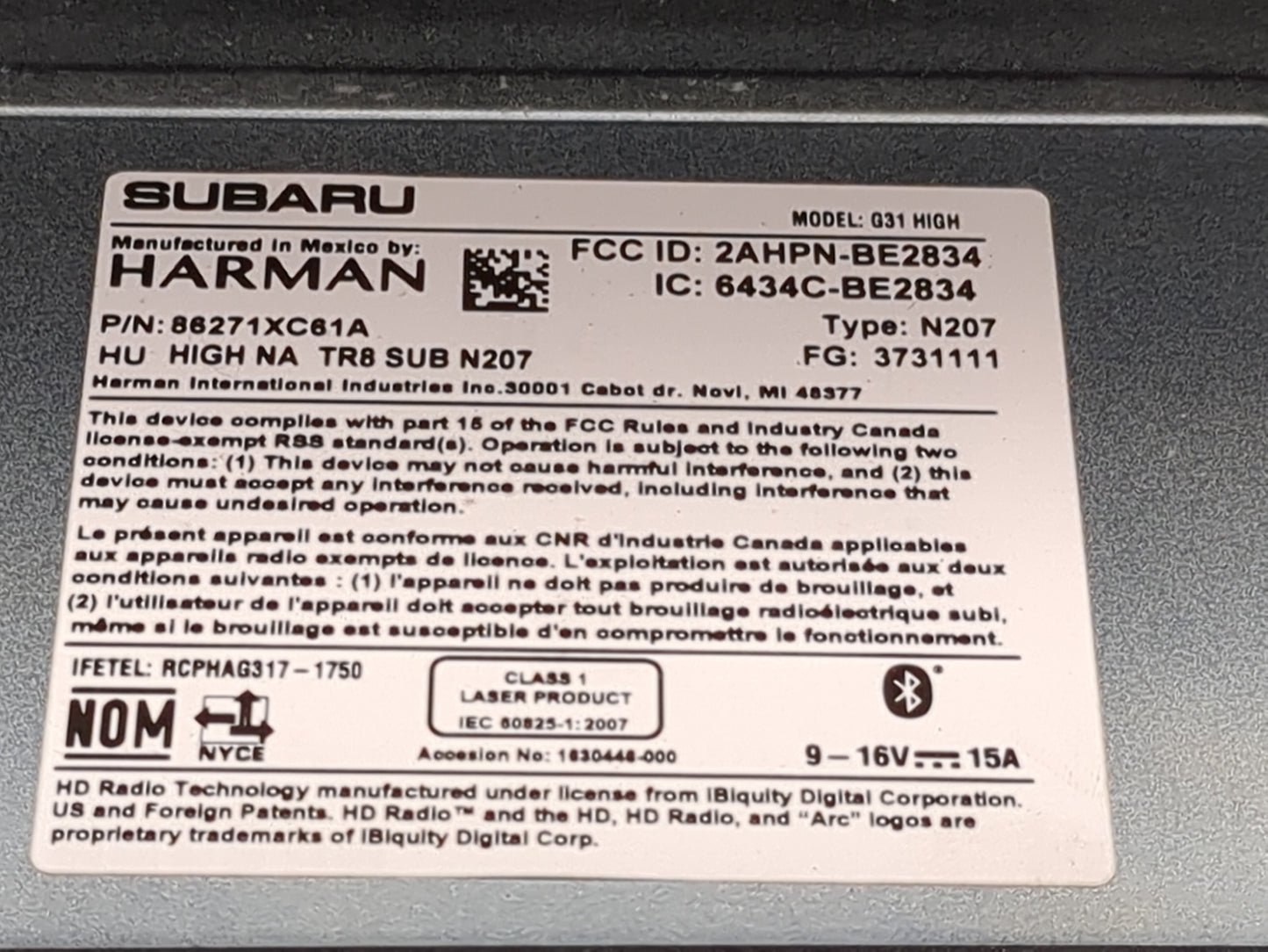 2019 Subaru Ascent Radio AM FM Cd Player Receiver Replacement P/N:86271XC61A 2AHPN-BE2834, 6434C-BE2834 Fits OEM Used Auto P