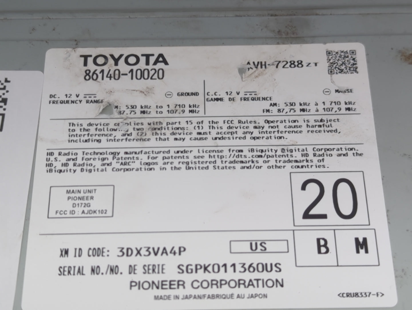 2019 Toyota C-Hr Radio AM FM Cd Player Receiver Replacement P/N:86140-10020 Fits OEM Used Auto Parts - Oemusedautoparts1.com