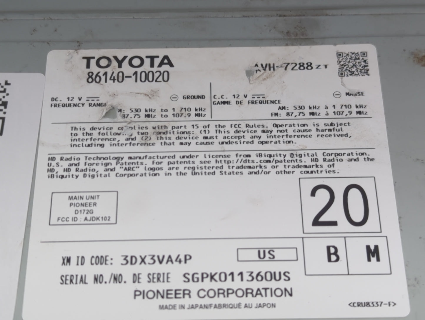 2019 Toyota C-Hr Radio AM FM Cd Player Receiver Replacement P/N:86140-10020 Fits OEM Used Auto Parts - Oemusedautoparts1.com