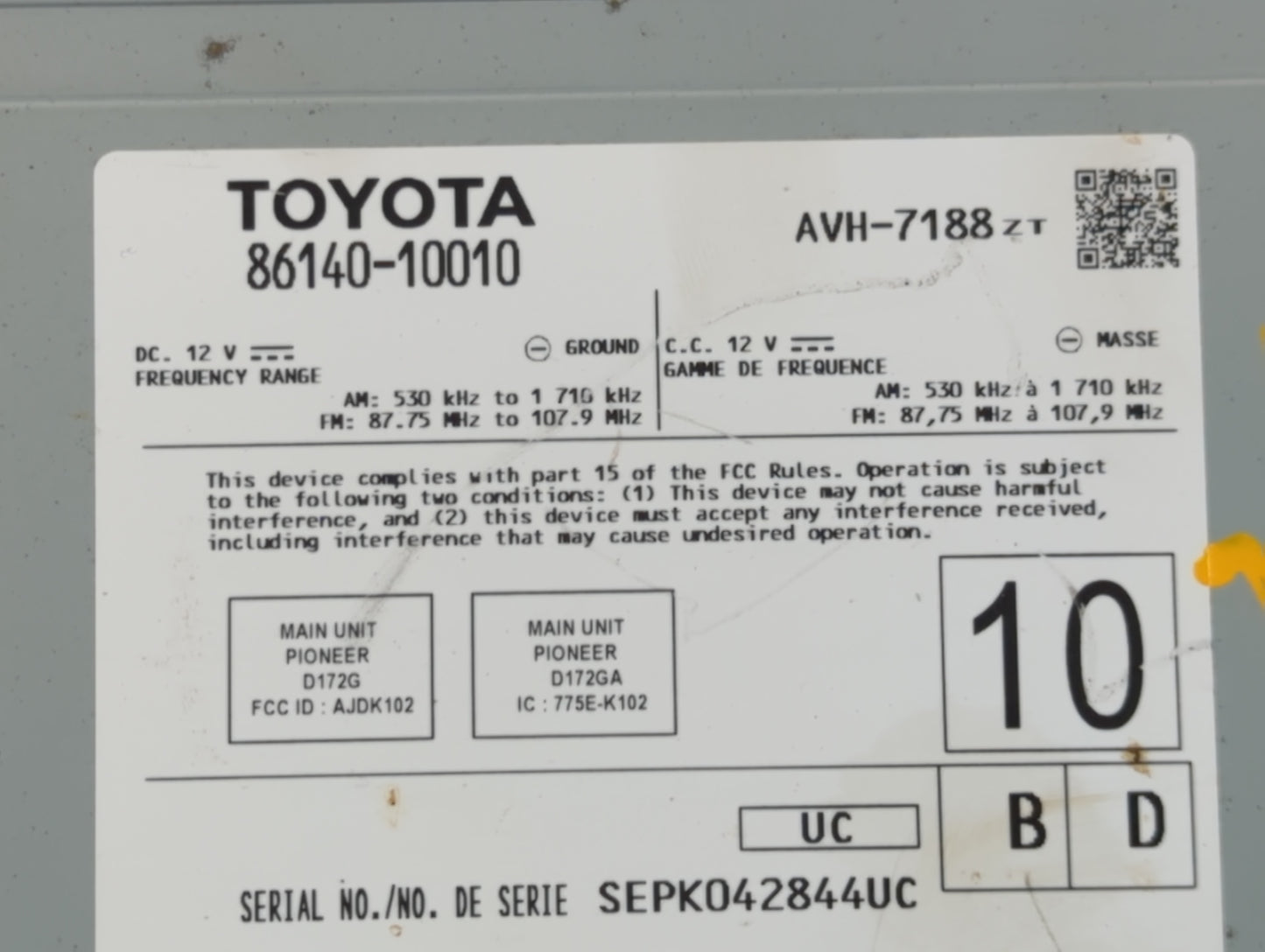 2019 Toyota C-Hr Radio AM FM Cd Player Receiver Replacement P/N:86140-10010 Fits OEM Used Auto Parts - Oemusedautoparts1.com