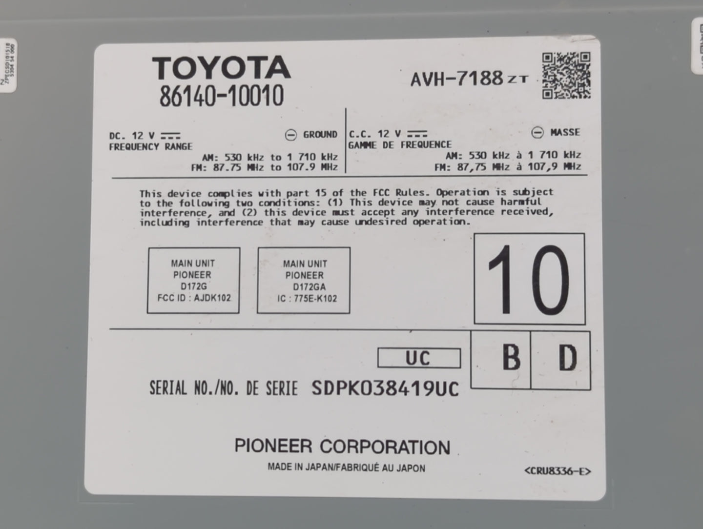 2019 Toyota C-Hr Radio AM FM Cd Player Receiver Replacement P/N:86140-10010 Fits OEM Used Auto Parts - Oemusedautoparts1.com