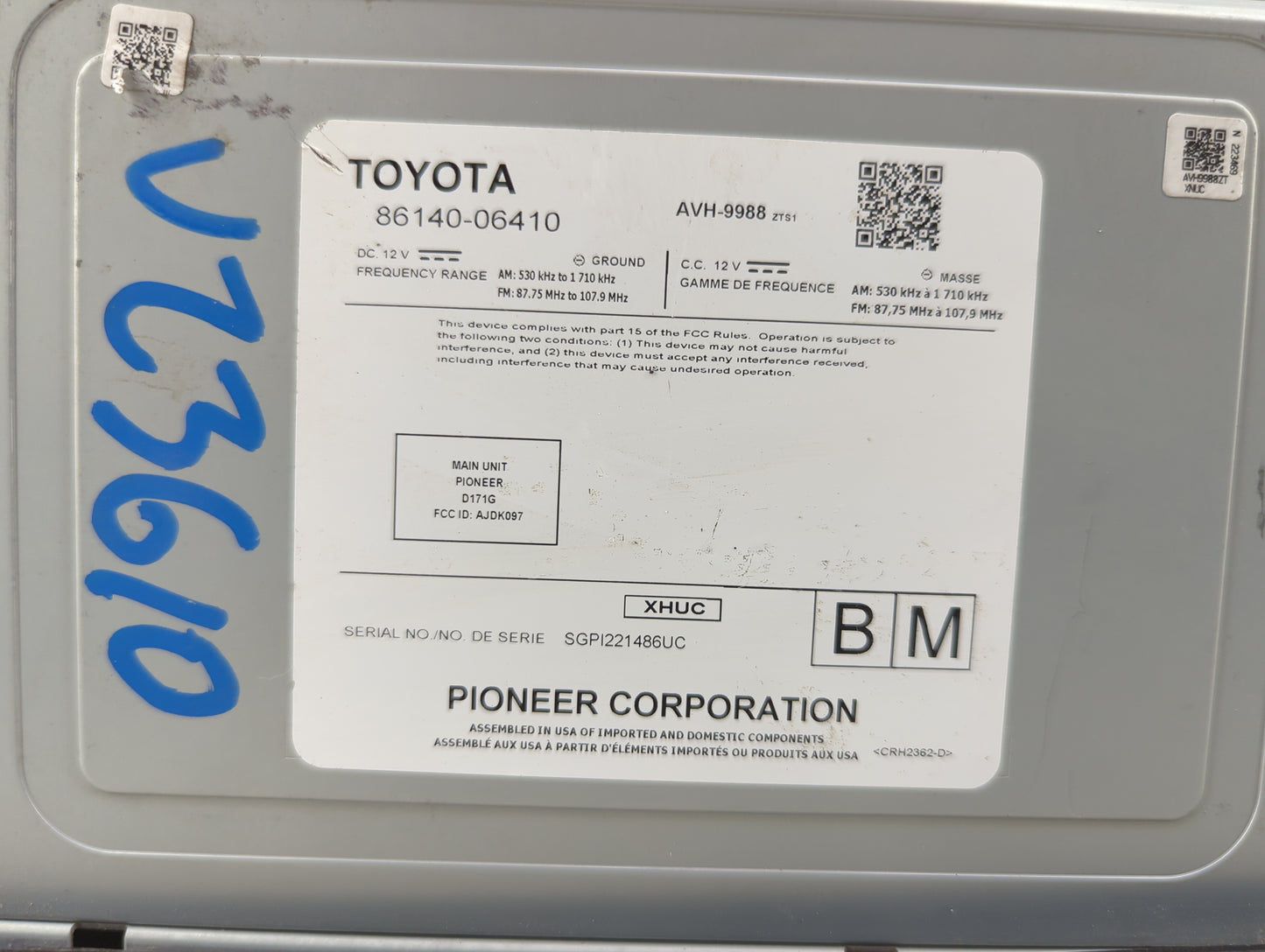 2019-2020 Toyota Camry Radio AM FM Cd Player Receiver Replacement P/N:86140-06410 AVH-9988, AJDK097, D171G Fits Fits 2019 20