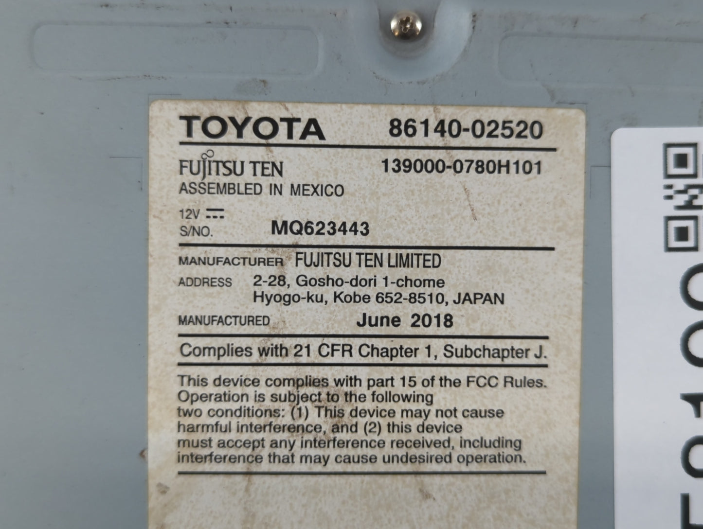 2017-2019 Toyota Corolla Radio AM FM Cd Player Receiver Replacement P/N:86140-02520 Fits Fits 2017 2018 2019 OEM Used Auto P