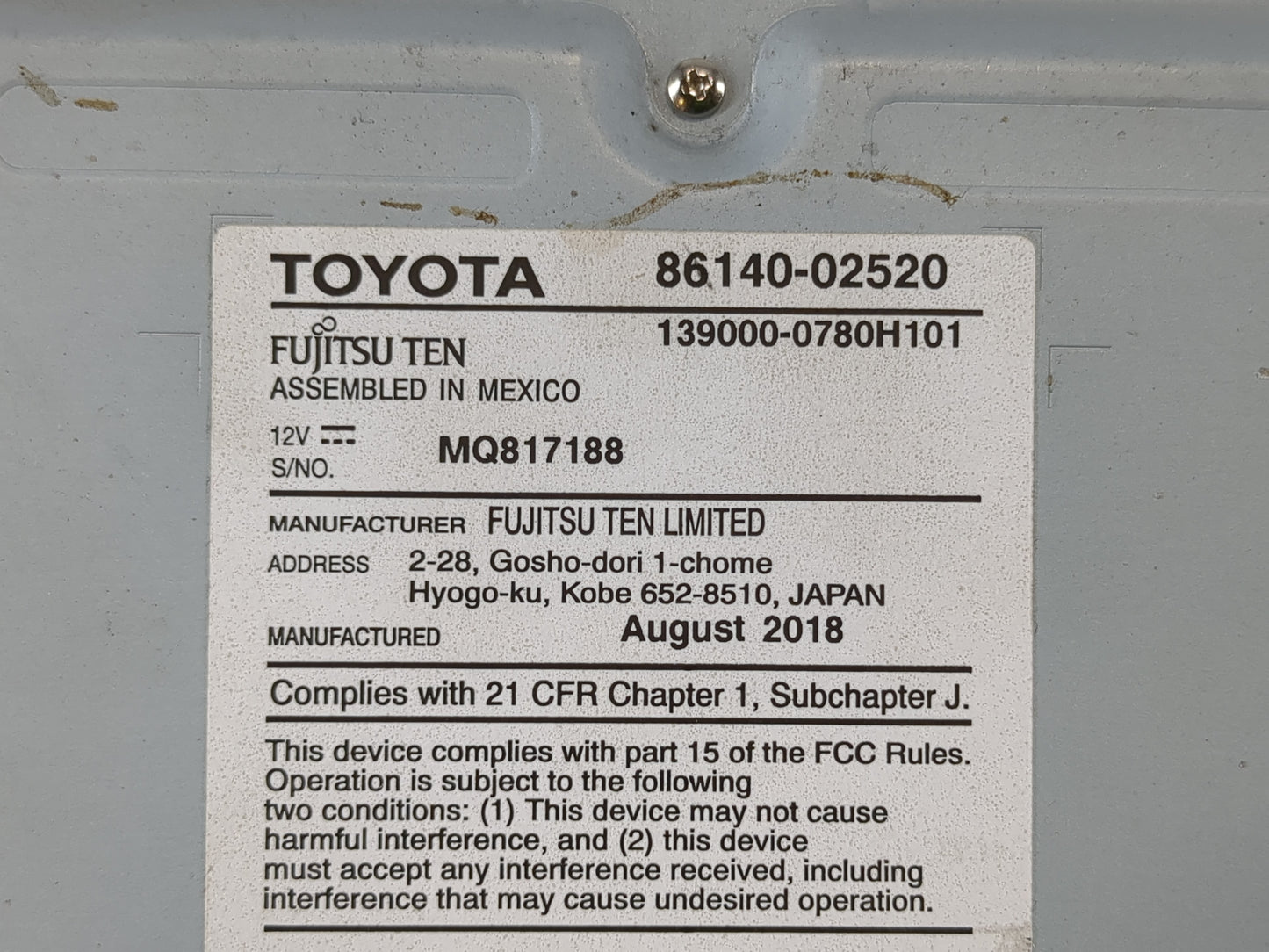 2017-2019 Toyota Corolla Radio AM FM Cd Player Receiver Replacement P/N:86140-02520 Fits Fits 2017 2018 2019 OEM Used Auto P