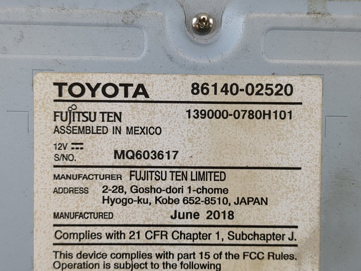 2017-2019 Toyota Corolla Radio AM FM Cd Player Receiver Replacement P/N:86140-02520 Fits Fits 2017 2018 2019 OEM Used Auto P