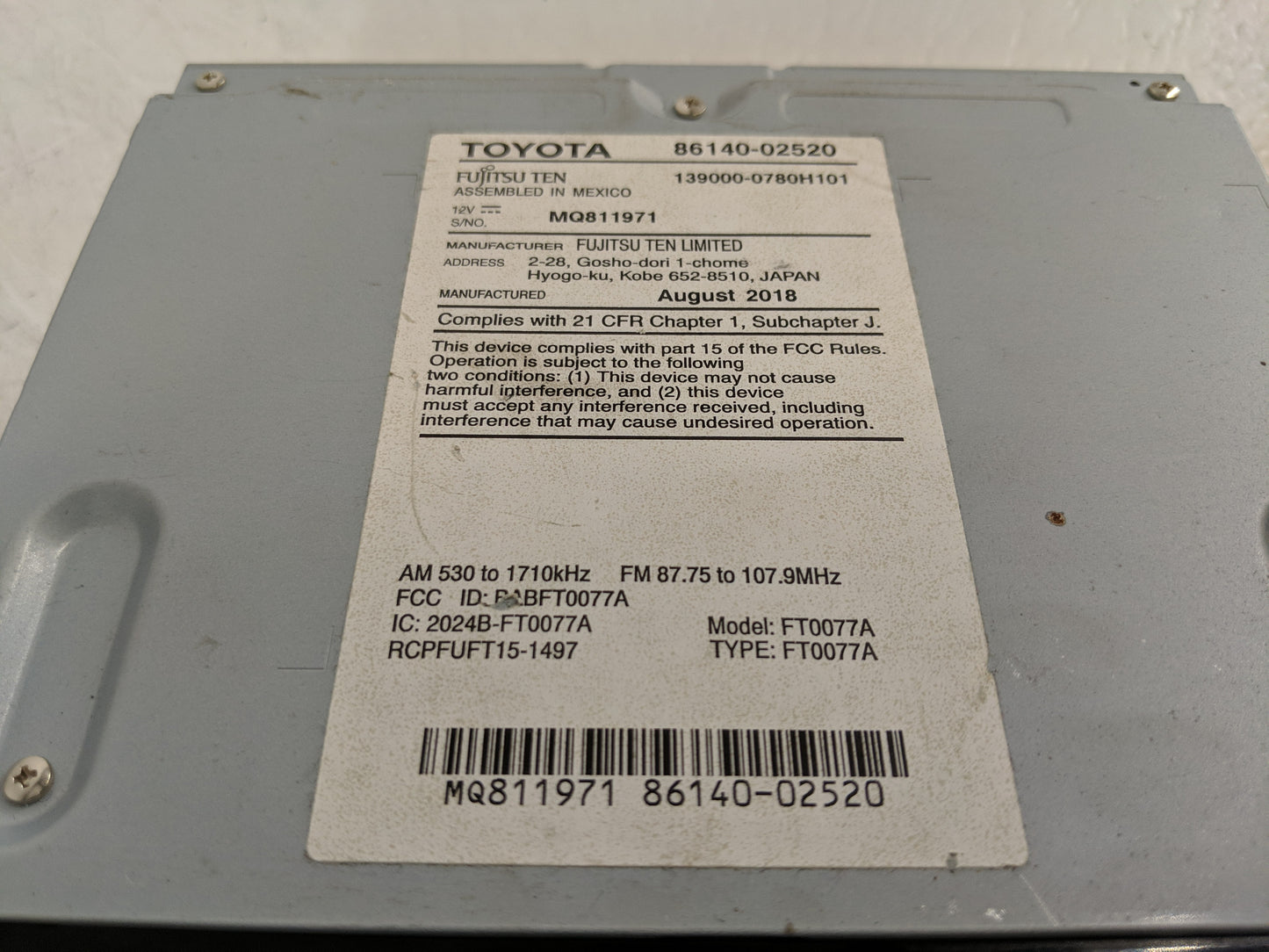 2017-2019 Toyota Corolla Radio AM FM Cd Player Receiver Replacement P/N:86140-02520 Fits Fits 2017 2018 2019 OEM Used Auto P