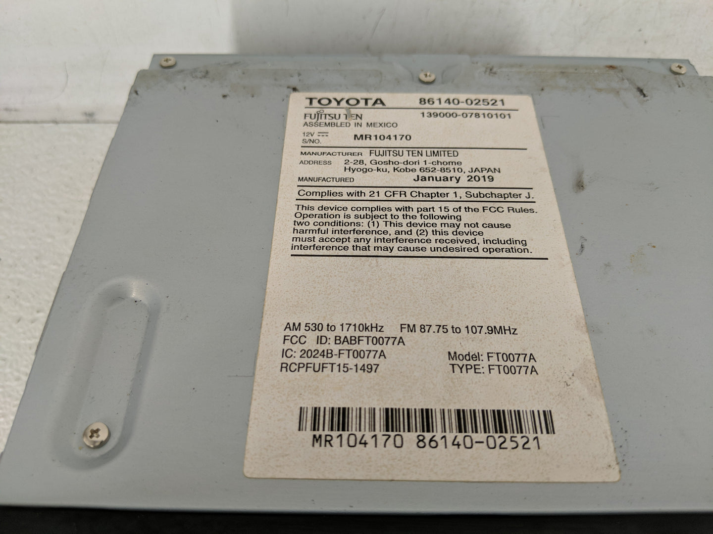 2017-2019 Toyota Corolla Radio AM FM Cd Player Receiver Replacement P/N:86140-02521 Fits Fits 2017 2018 2019 OEM Used Auto P