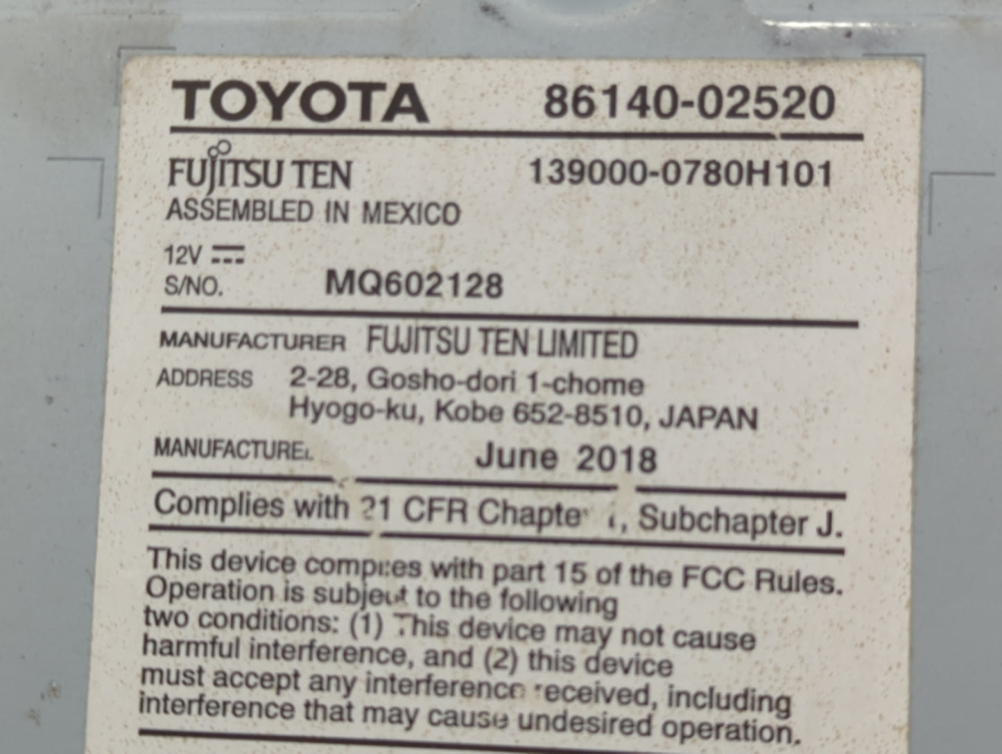 2017-2019 Toyota Corolla Radio AM FM Cd Player Receiver Replacement P/N:86140-02520 Fits Fits 2017 2018 2019 OEM Used Auto P