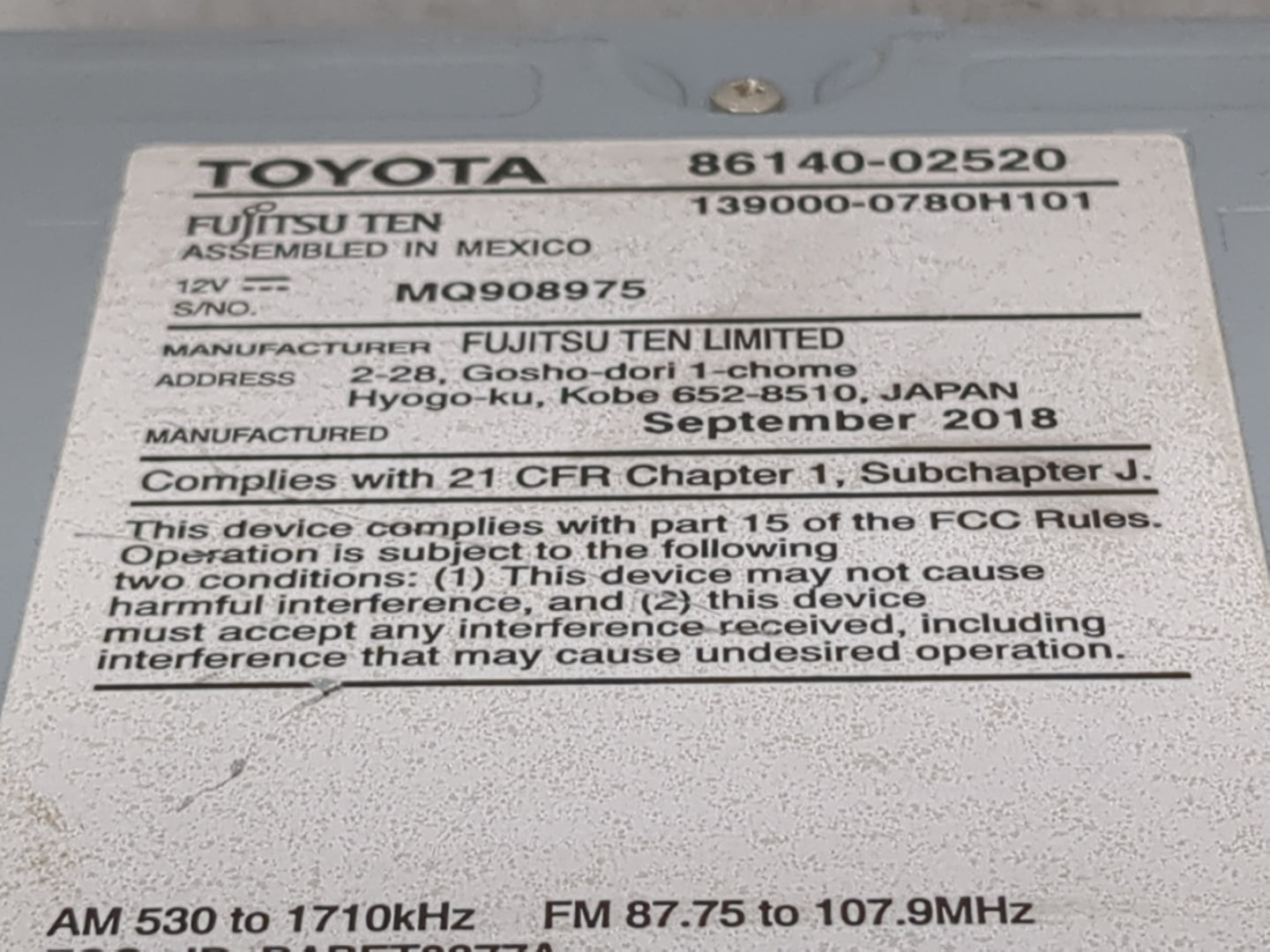 2017-2019 Toyota Corolla Radio AM FM Cd Player Receiver Replacement P/N:139000-0780H101 86140-02520 Fits Fits 2017 2018 2019