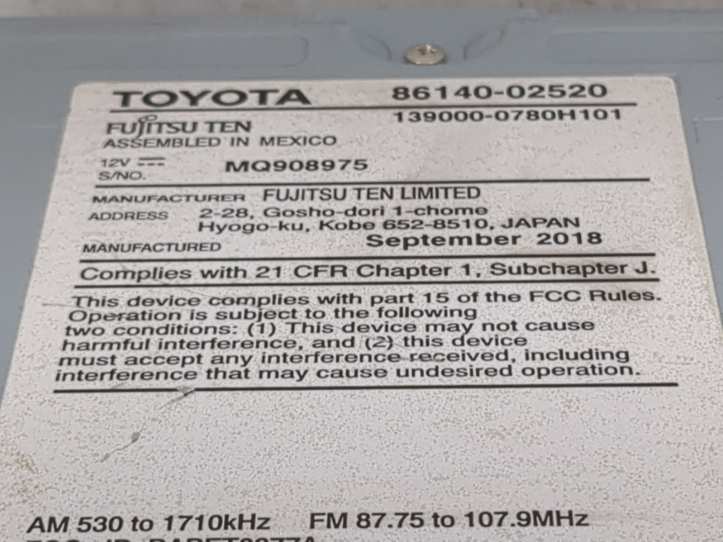 2017-2019 Toyota Corolla Radio AM FM Cd Player Receiver Replacement P/N:139000-0780H101 86140-02520 Fits Fits 2017 2018 2019