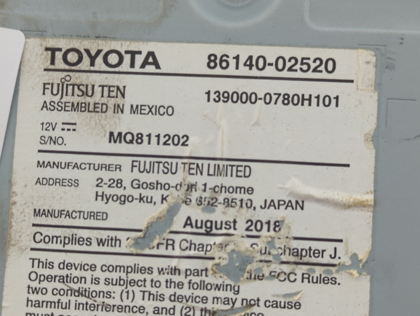 2017-2019 Toyota Corolla Radio AM FM Cd Player Receiver Replacement P/N:139000-0780H101 86140-02520 Fits Fits 2017 2018 2019