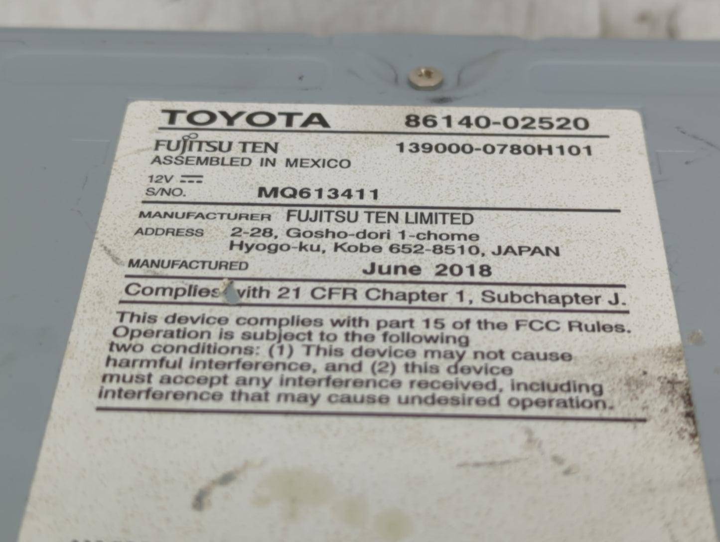 2017-2019 Toyota Corolla Radio AM FM Cd Player Receiver Replacement P/N:86140-02520 Fits Fits 2017 2018 2019 OEM Used Auto P