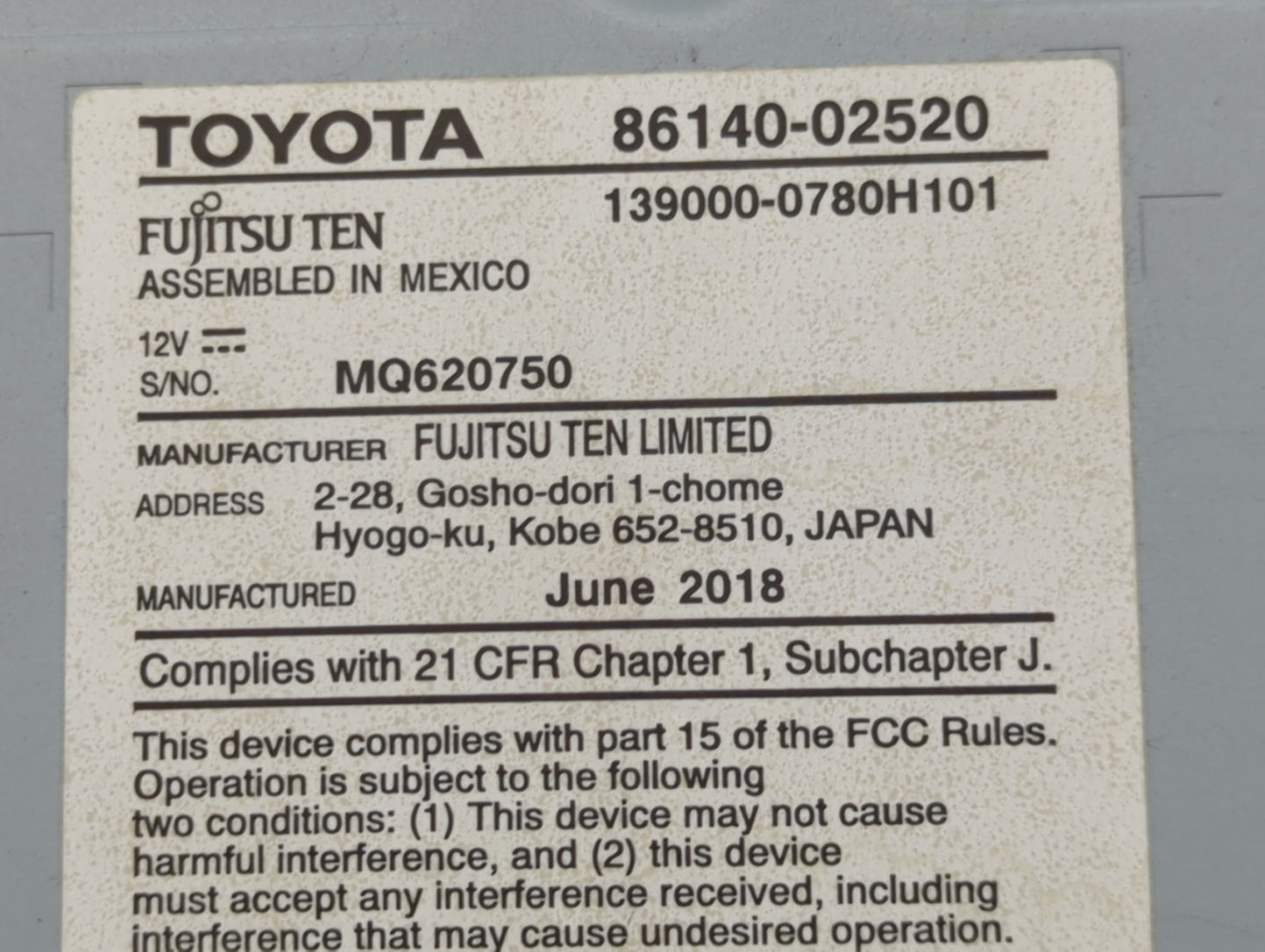 2017-2019 Toyota Corolla Radio AM FM Cd Player Receiver Replacement P/N:86140-02520 139000-0780H101 Fits Fits 2017 2018 2019