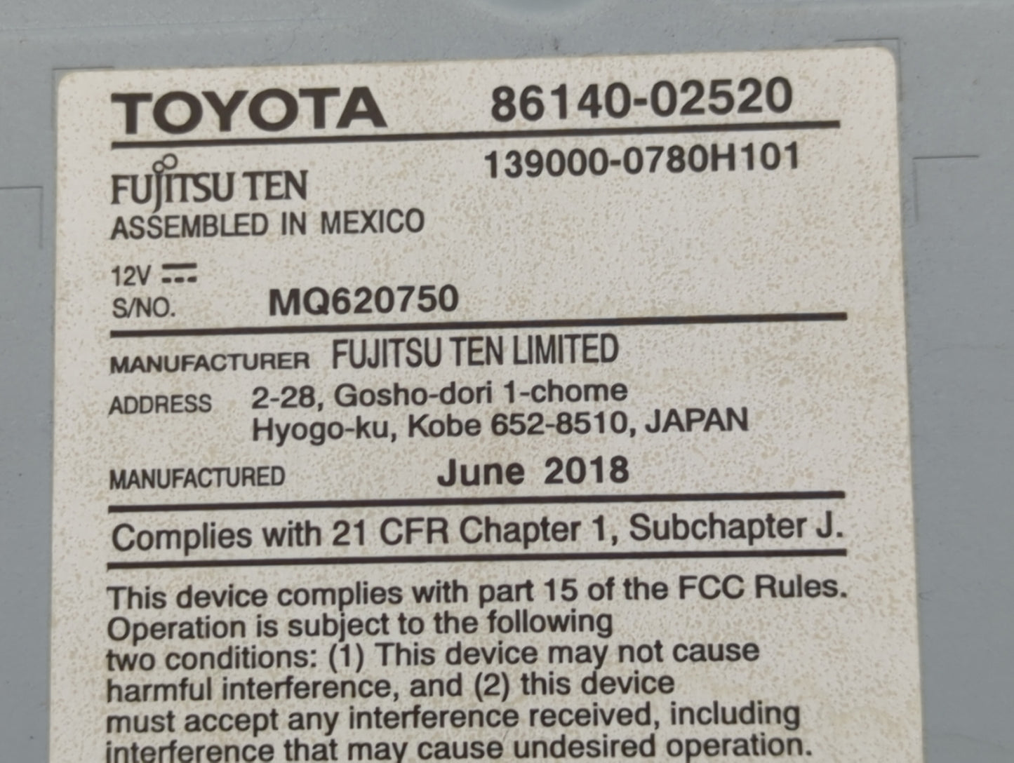 2017-2019 Toyota Corolla Radio AM FM Cd Player Receiver Replacement P/N:86140-02520 139000-0780H101 Fits Fits 2017 2018 2019