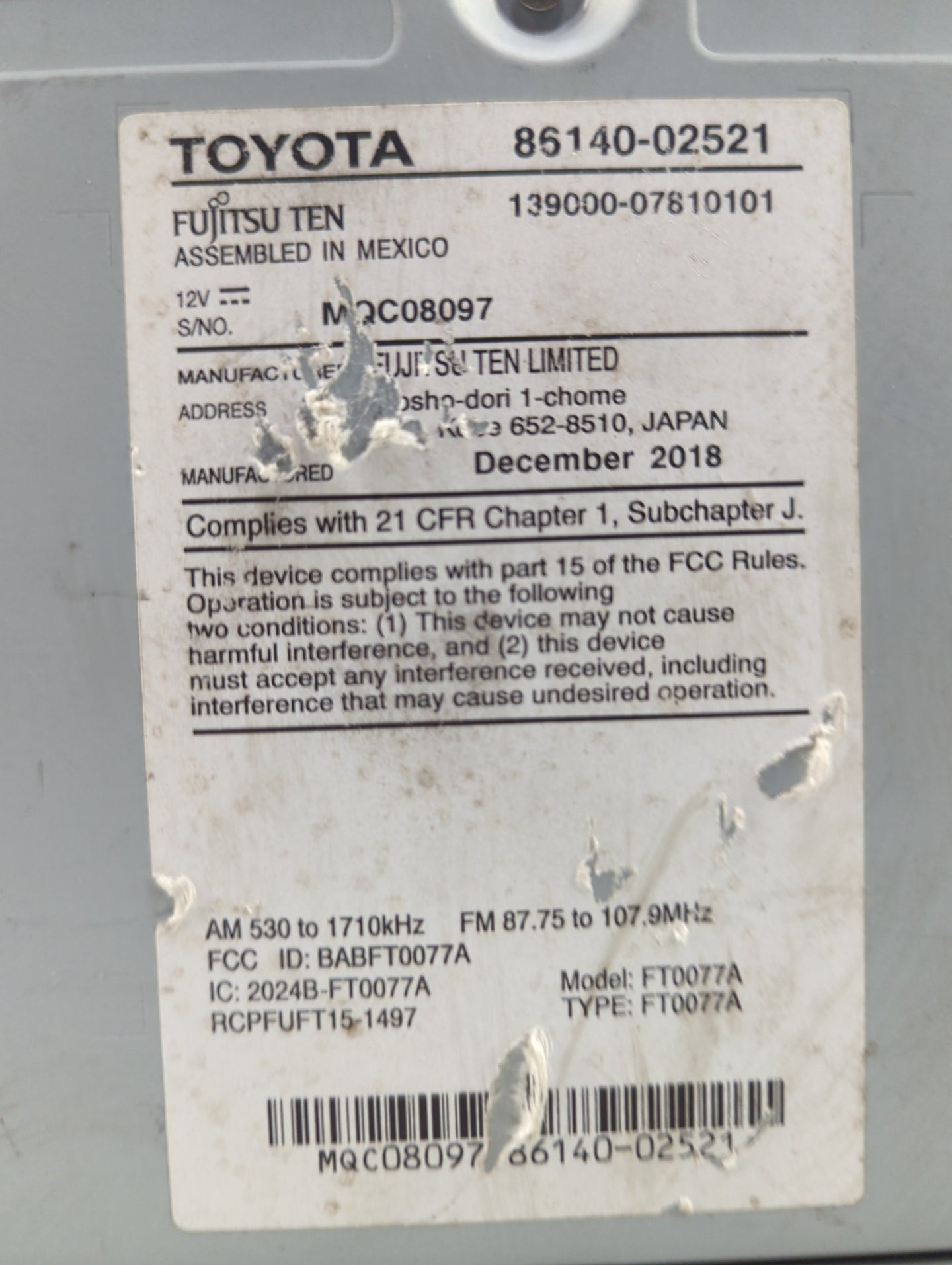 2017-2019 Toyota Corolla Radio AM FM Cd Player Receiver Replacement P/N:86140-02521 139000-07810101 Fits Fits 2017 2018 2019