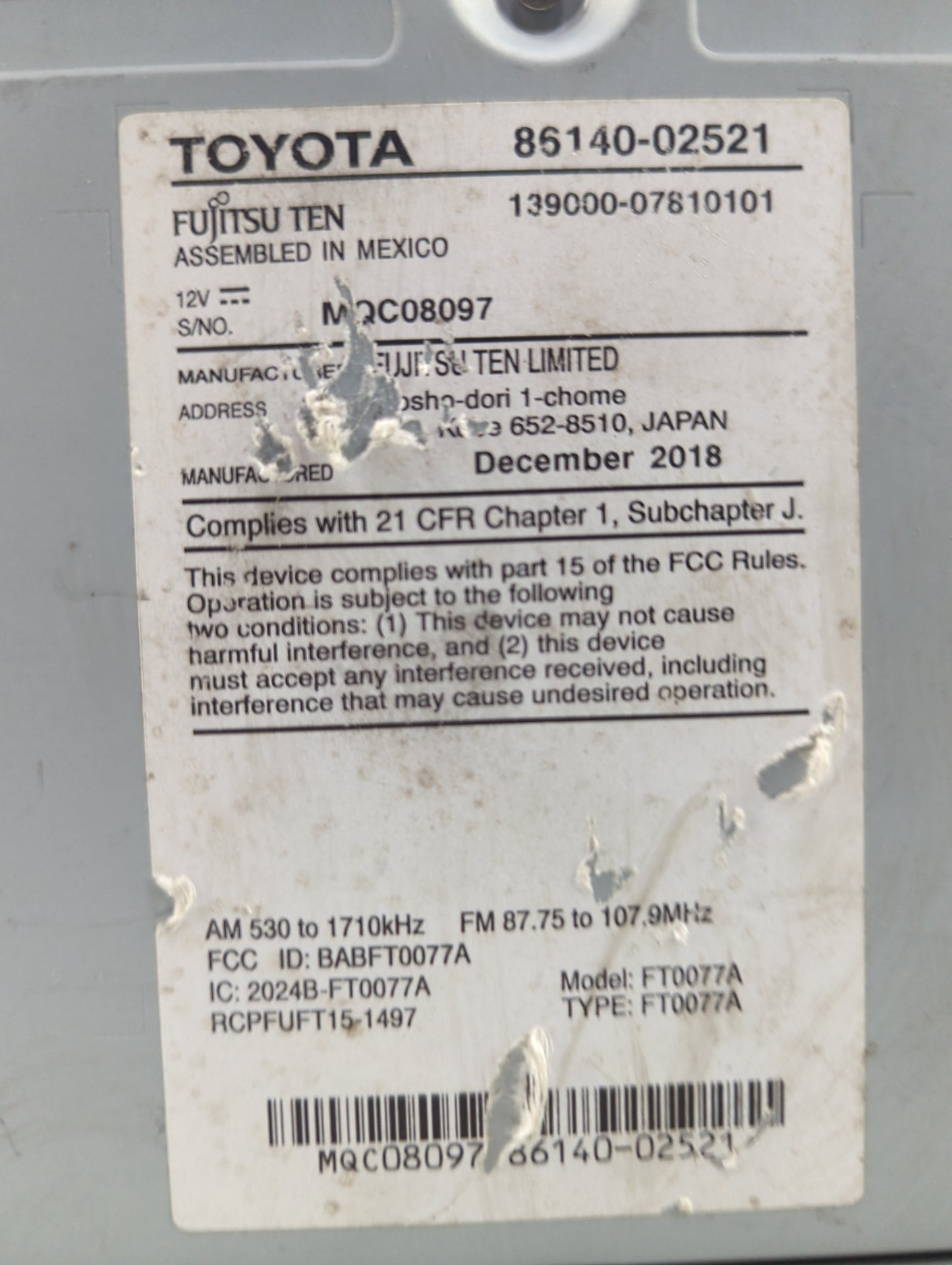 2017-2019 Toyota Corolla Radio AM FM Cd Player Receiver Replacement P/N:86140-02521 139000-07810101 Fits Fits 2017 2018 2019