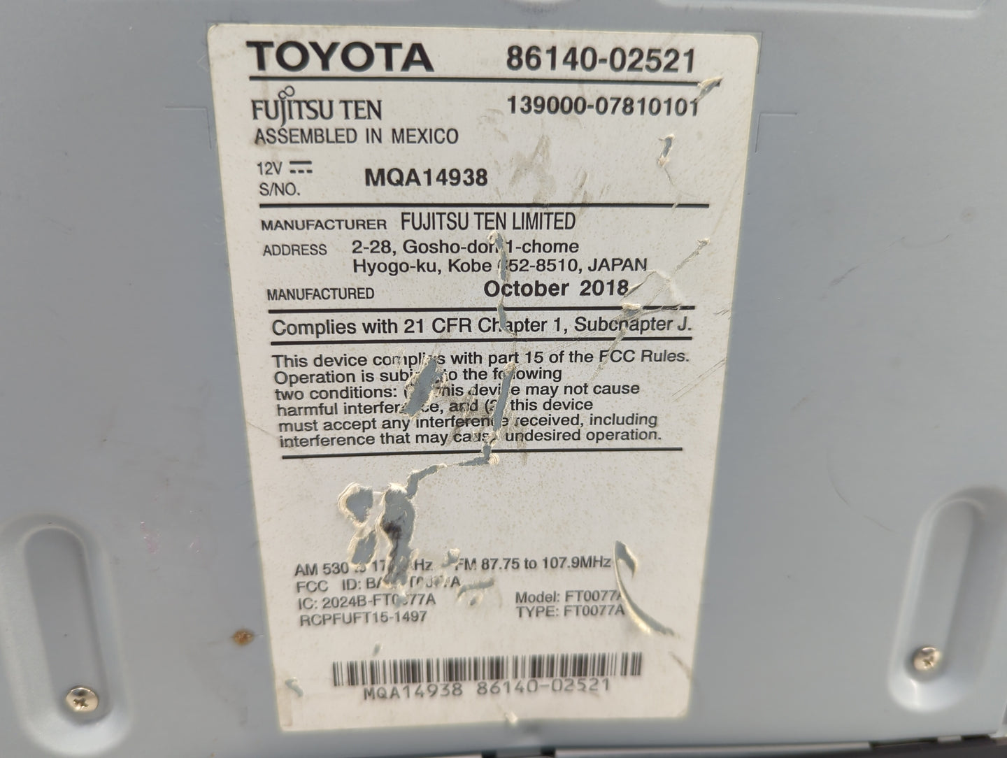 2017-2019 Toyota Corolla Radio AM FM Cd Player Receiver Replacement P/N:86140-02521 139000-07810101 Fits Fits 2017 2018 2019