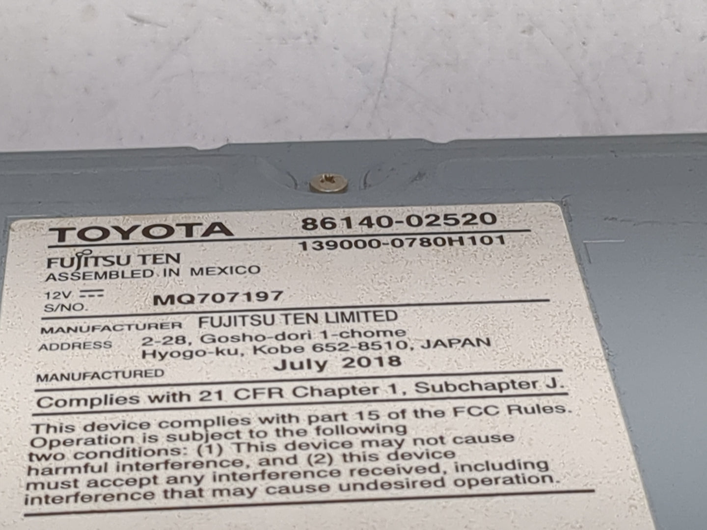 2017-2019 Toyota Corolla Radio AM FM Cd Player Receiver Replacement P/N:86140-02520 139000-0780H101 Fits Fits 2017 2018 2019