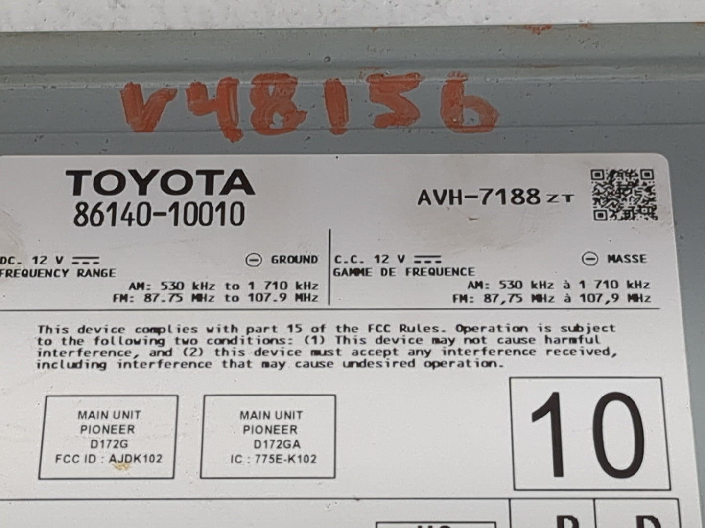 2019 Toyota Corolla Radio AM FM Cd Player Receiver Replacement P/N:86140-10010 AVH-7188, AJDK102, 775E-K102, D172G, D172GA F