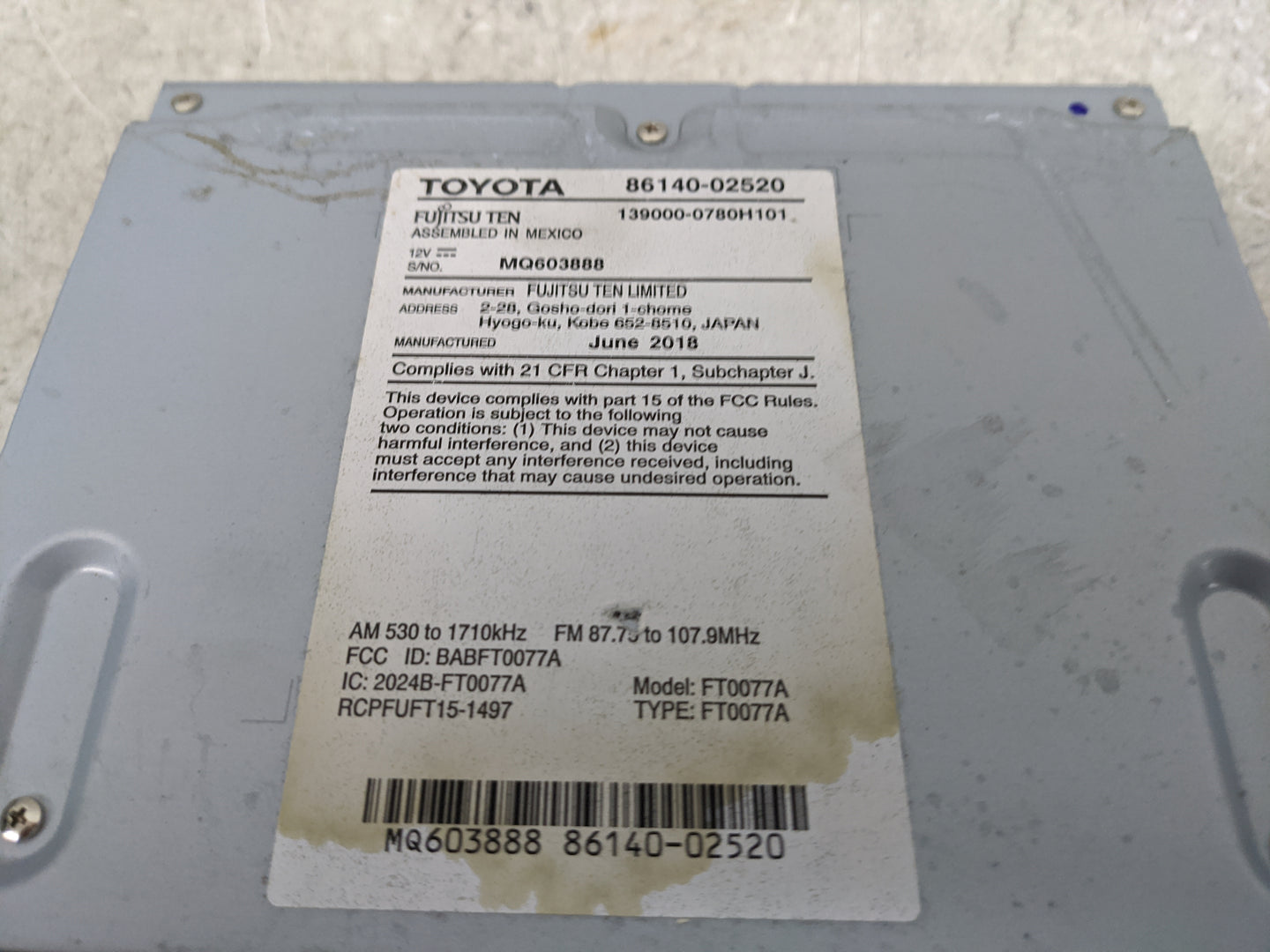 2017-2019 Toyota Corolla Radio AM FM Cd Player Receiver Replacement P/N:86140-02520 139000-0780H101 Fits Fits 2017 2018 2019
