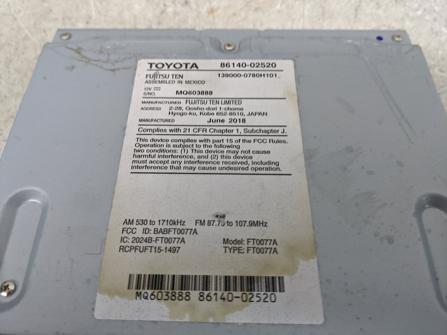 2017-2019 Toyota Corolla Radio AM FM Cd Player Receiver Replacement P/N:86140-02520 139000-0780H101 Fits Fits 2017 2018 2019