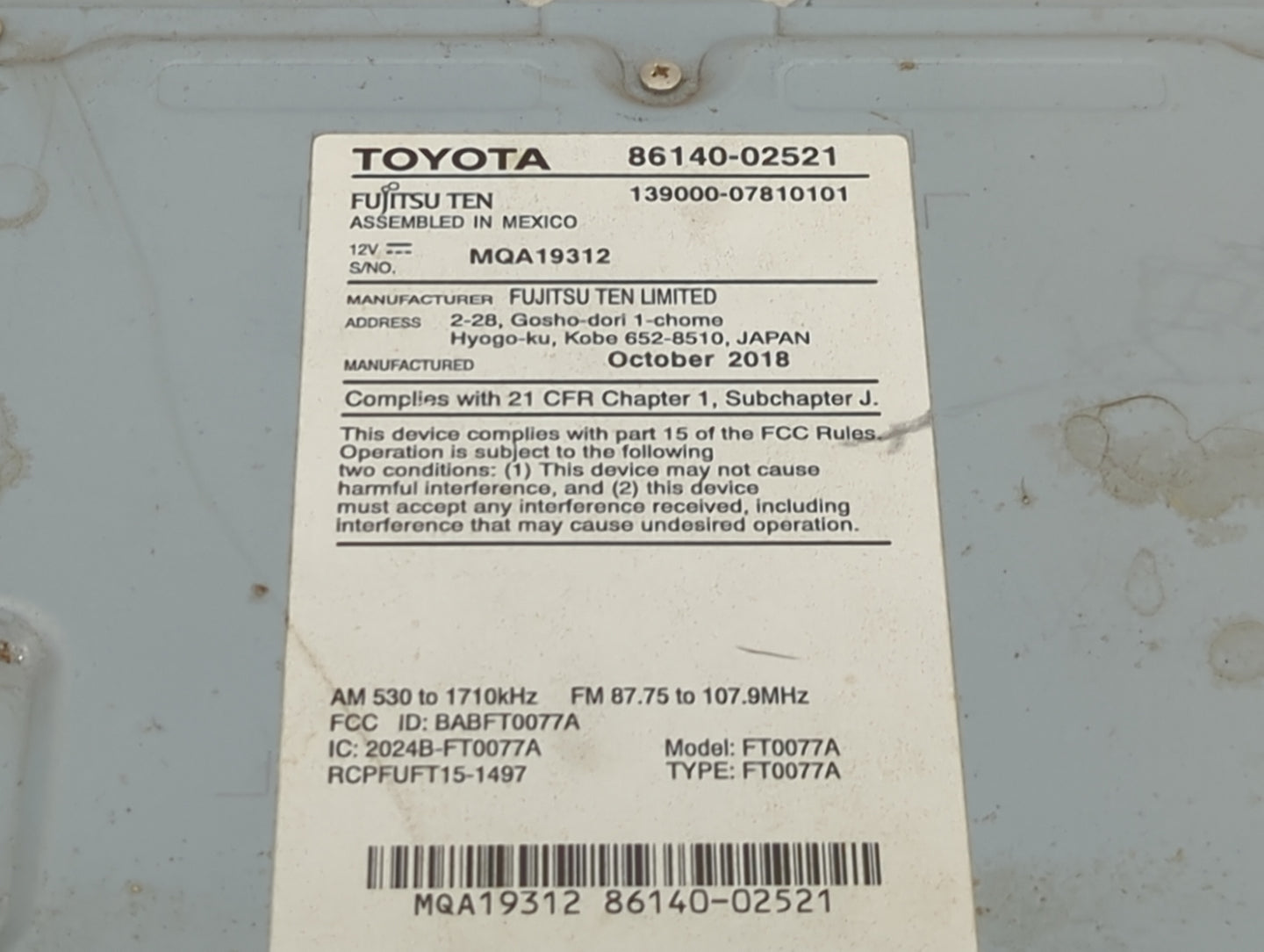 2017-2019 Toyota Corolla Radio AM FM Cd Player Receiver Replacement P/N:86140-02521 139000-07810101 Fits Fits 2017 2018 2019