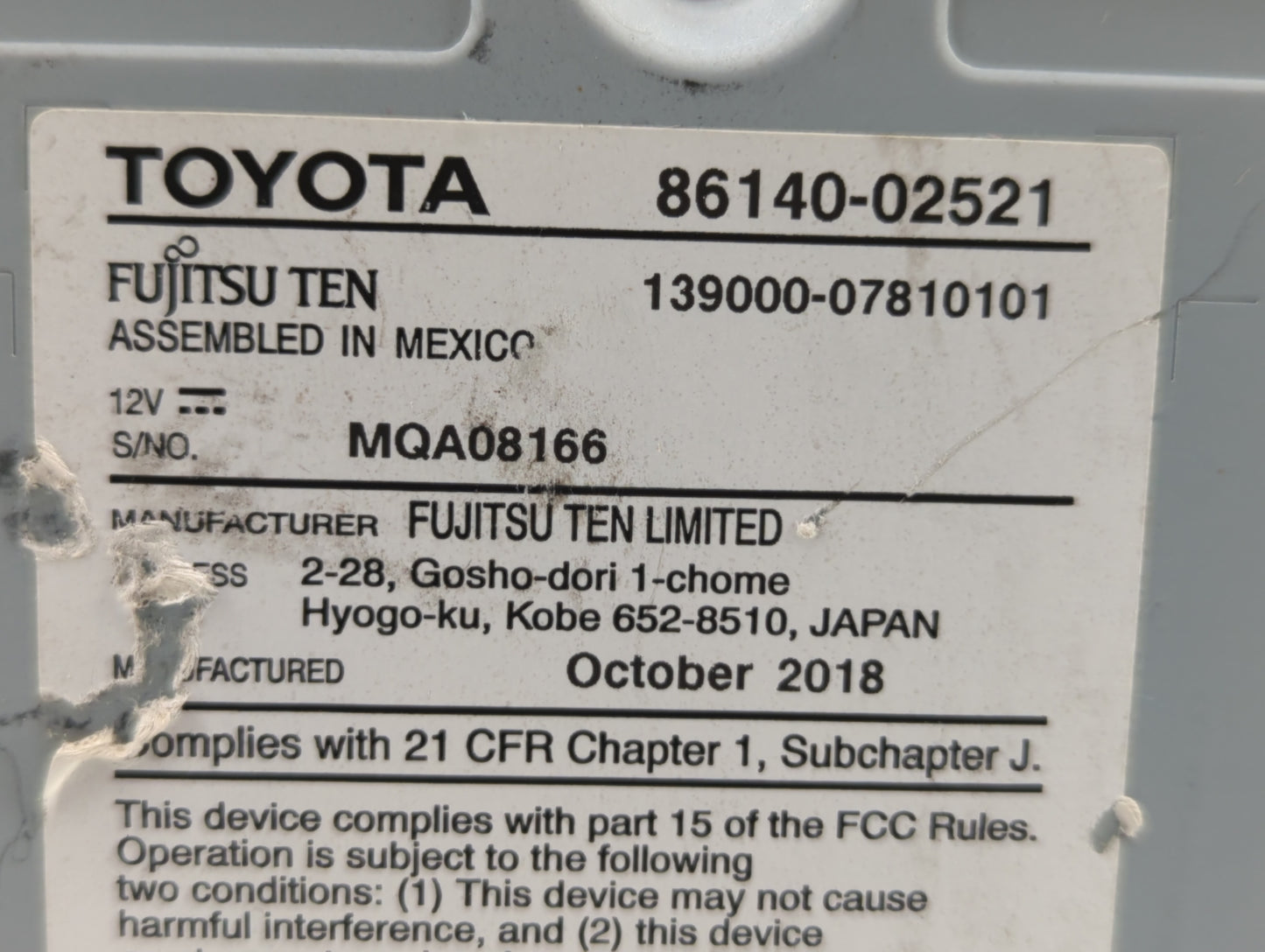 2017-2018 Toyota Corolla Am Fm Cd Player Radio Receiver - Oemusedautoparts1.com