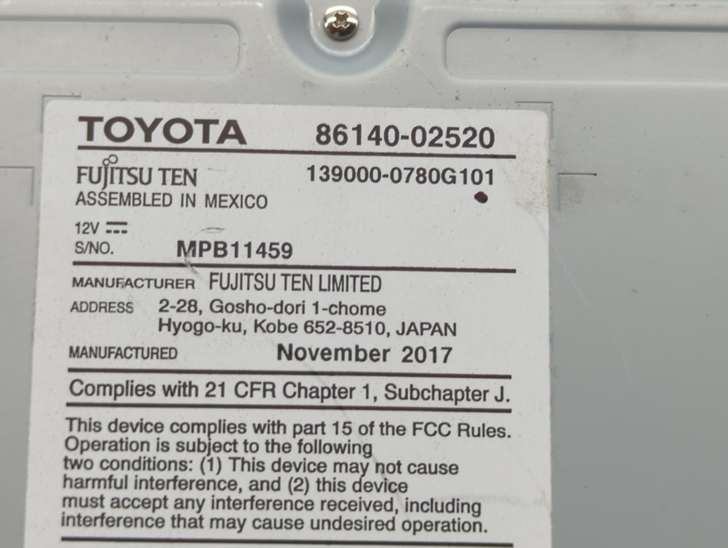 2017-2019 Toyota Corolla Am Fm Cd Player Radio Receiver - Oemusedautoparts1.com
