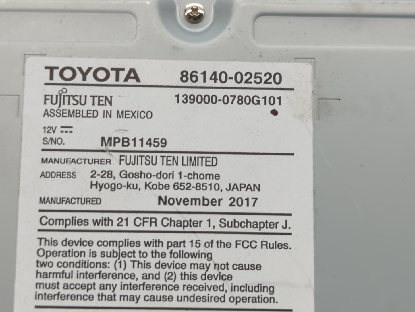 2017-2019 Toyota Corolla Am Fm Cd Player Radio Receiver - Oemusedautoparts1.com