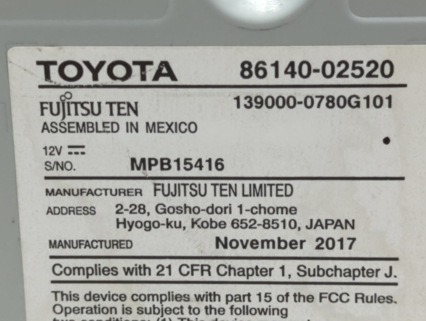 2017-2019 Toyota Corolla Am Fm Cd Player Radio Receiver - Oemusedautoparts1.com