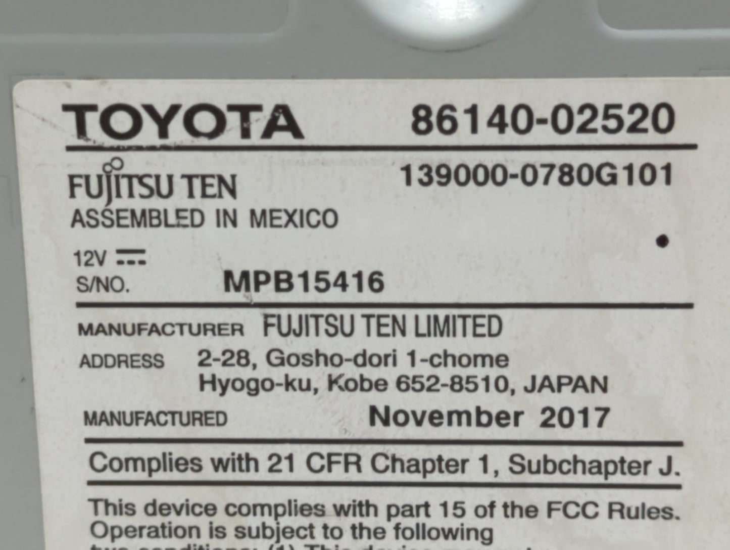 2017-2019 Toyota Corolla Am Fm Cd Player Radio Receiver - Oemusedautoparts1.com