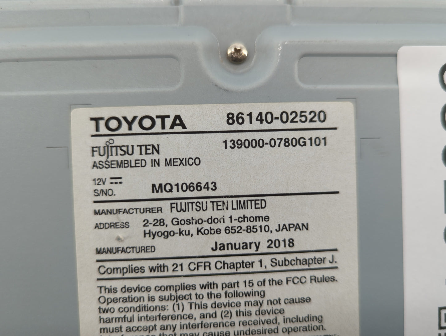 2017-2019 Toyota Corolla Am Fm Cd Player Radio Receiver - Oemusedautoparts1.com